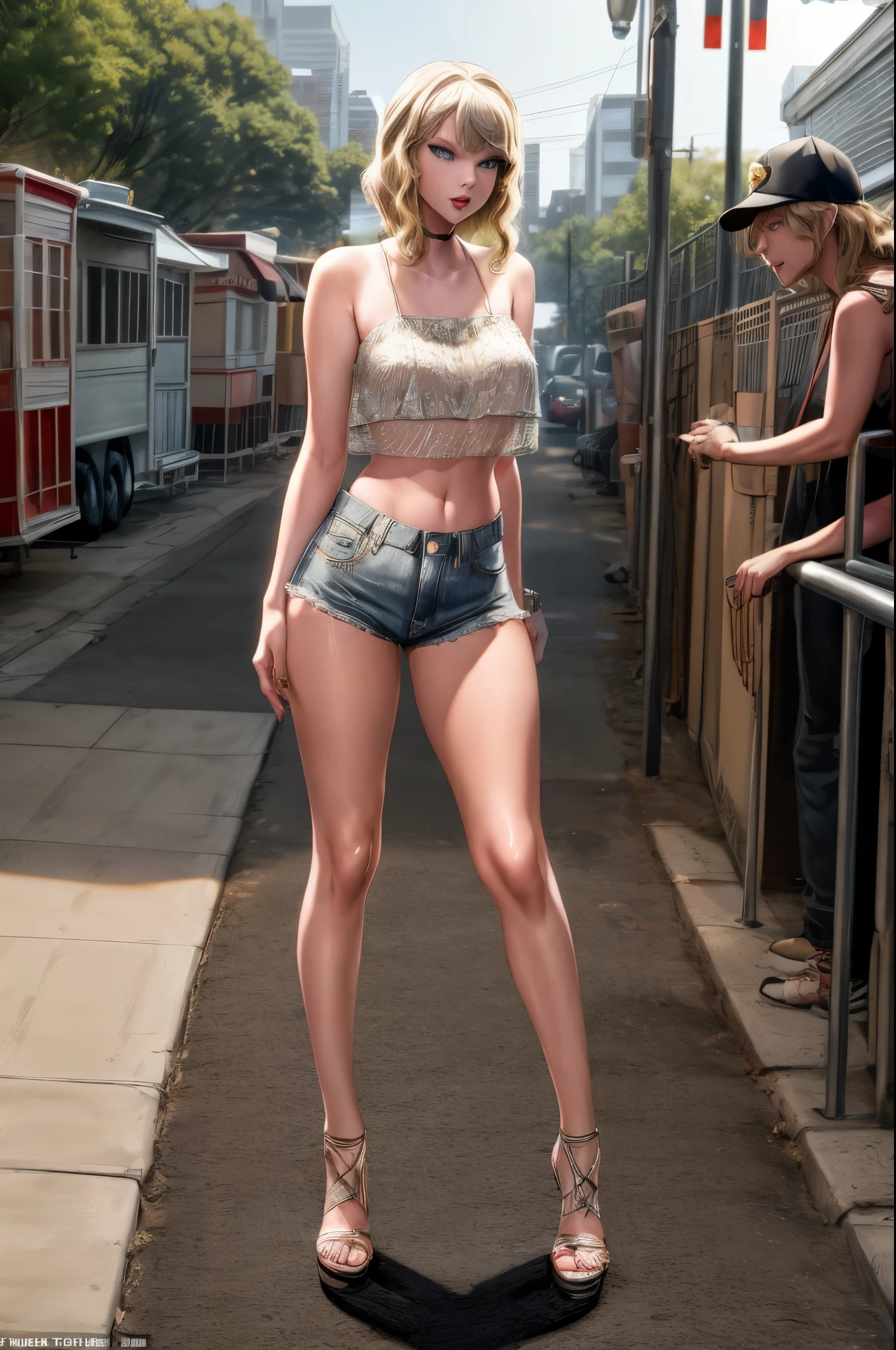 singer Taylor swift(age 30), she is dressed as a trailer park queen in daisy dukes and a revealing crop top, she is working a street corner waiting to get a John, she looks like a tweaker,