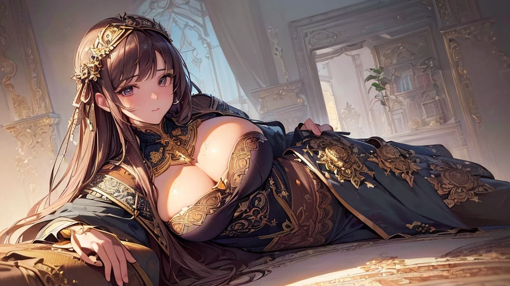 (masterpiece, best quality, high resolution, high quality, super fine illustration, ultra detailed illustration:1.5), detailed skin, detailed face, detailed eyes, detailed background, Reyvateil, alone, She is nestled among many books, (long shot:1.2),