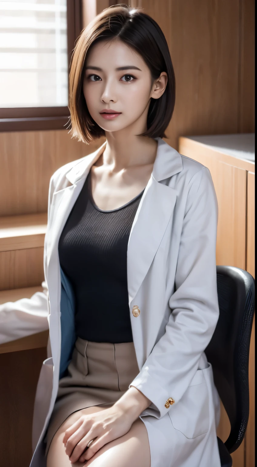 Photorealistic beautiful doctor、amazingly beautiful、(Doctor White Coat Naked),(topless)、(highest quality、8K、32K、masterpiece、nffsw:1.3)、ultra high resolution,(Photoreal:1.4),RAW photo, detailed face,,beautiful hair, ((Doctor Style)), (white doctor nude&#39;coat、Light blue mask),very short hair 、nipple、 natural makeup,, small perfect breasts、(hospital examination room、desk and chair、Computer on desk、Control your computer), detailed background, perfect lighting, Depth of written boundary, beautiful shadow gradation,(Stethoscope) ,nippleが見えている、thin limbs、thin thighs、whole body、backwards、thin pubic hair