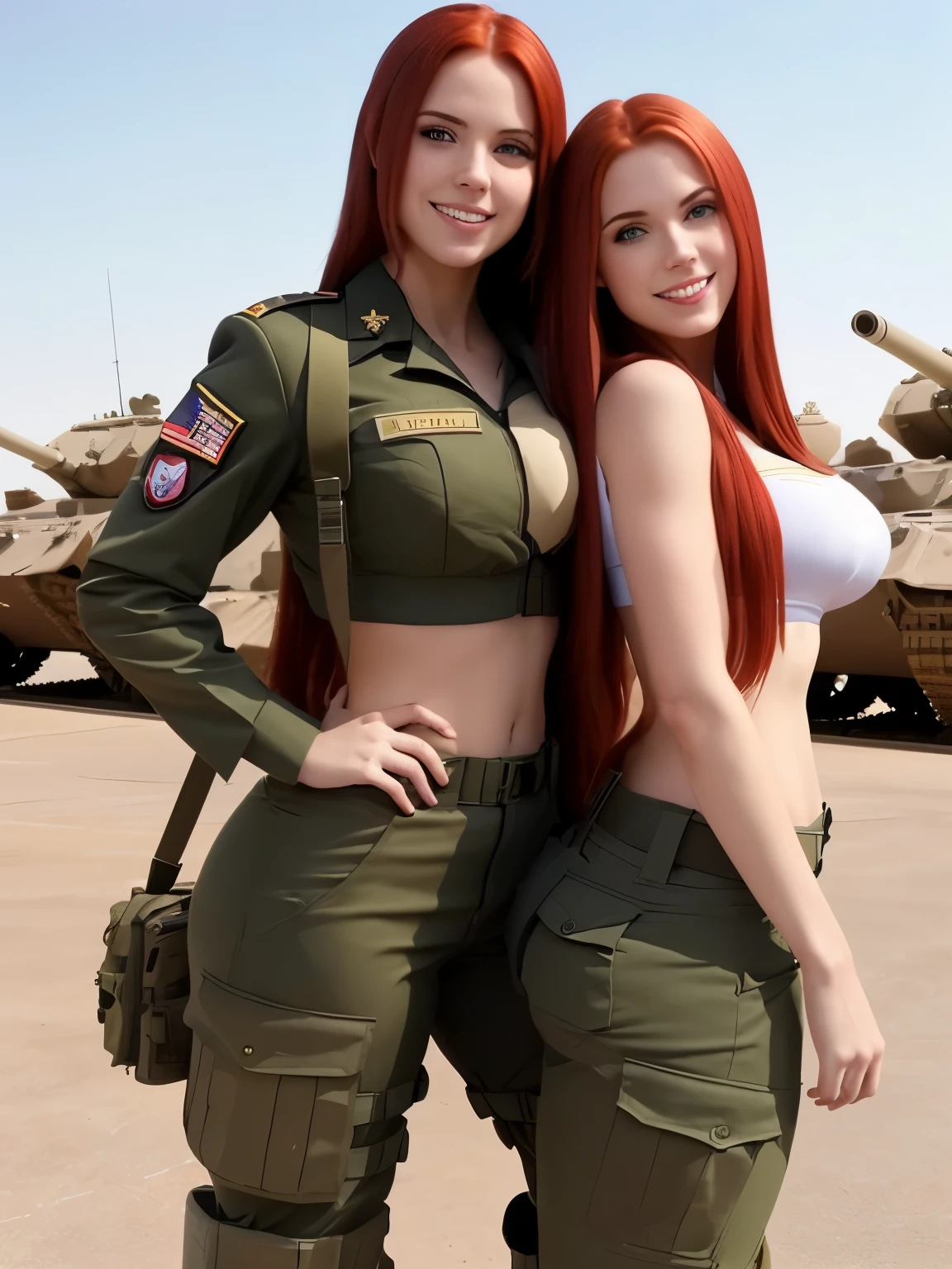 two women in military uniforms posing for a picture in front of tanks, militaristic!!!, military girl, soldier girl, infantry girls, in full military garb, wearing military uniform, better known as amouranth, wearing a military uniform, amouranth, wearing military outfit, beautiful female soldier, perfect military composure, one is a redhead, miltary