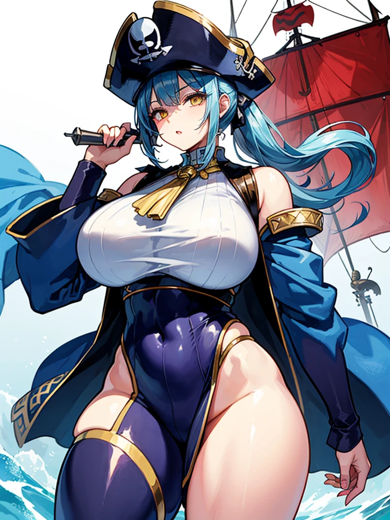 （（（masterpiece、Highest image quality、highest quality、highly detailed unity 8ｋwallpaper）））、（（Illustration of one girl、upper body））、（（（beautiful girl）））、（female pirate）、（Light light blue hair、short ponytail：1.2、yellow eyes）、（（tall））、（（（muscle girl, muscle, bulky figure, massive frame, thick neck, sturdy arms, powerful legs）））、（captain&#39;s suit、Pirate hat、Blue coat）、Pirate ship deck