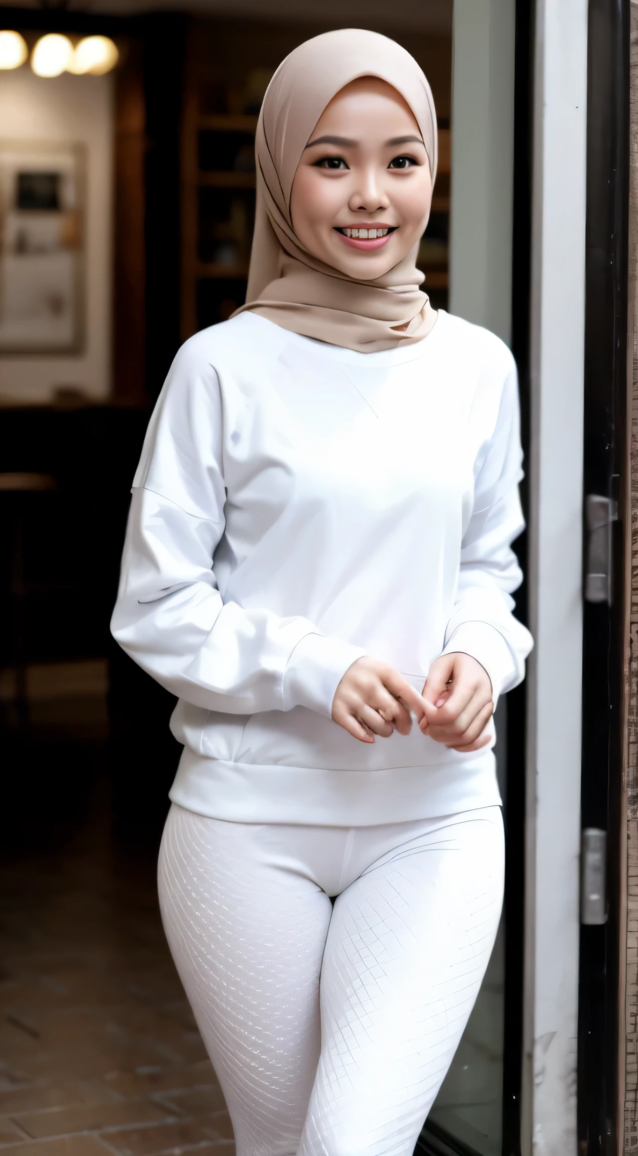 1 malay woman in hijab, (looking at viewer), ((tight white leggings)), (Small buttocks), (tight white sweatshirt), Emphasize ass, Smaller chest, laughing smile, (hijab flying), pale skin, small breasts thin waist, china street style street, Hyper-Realism, Cinematic lighting, depth of fields, From below, vanishing point, F/2.8, Anatomically correct, Textured skin, Super Detail, award winning, Best Quality, high resolution,