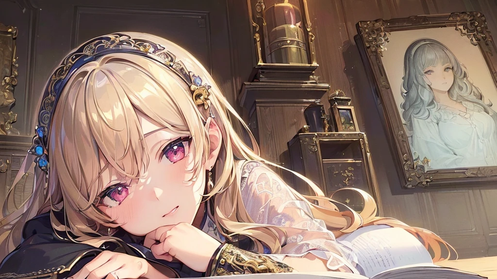(masterpiece, best quality, high resolution, high quality, super fine illustration, ultra detailed illustration:1.5), detailed skin, detailed face, detailed eyes, detailed background, Reyvateil, alone, She is nestled among many books, (long shot:1.2),