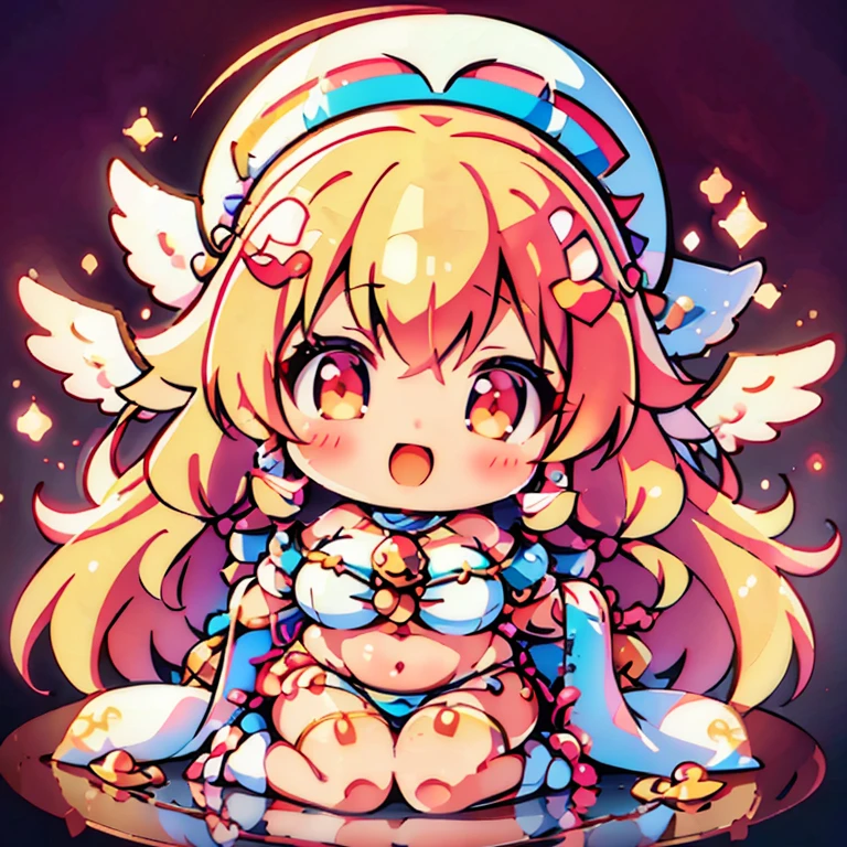 Little、shrine maiden、Valkyrie、angel wings、belly button、side boob barbosa、Complex、particles of light、thighs thighs thighs、shiny skin、perfect lighting、1 girl、looking at the viewer、winged hat、pelvic curtain、laughter、(masterpiece)、(highest quality)、very huge breasts、maternal、porcelain skin、honey blonde hair、very long hair、wavy hair