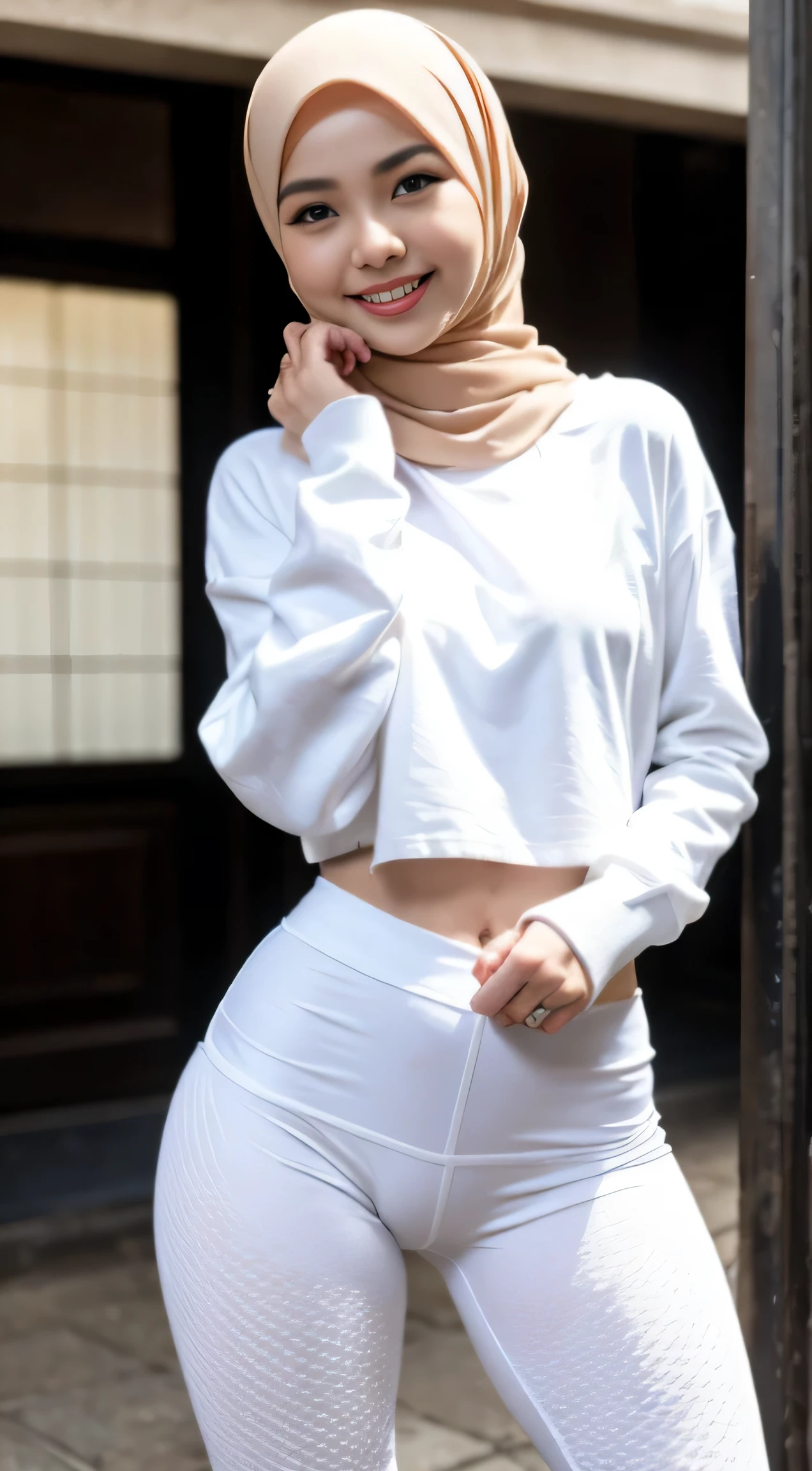 1 malay woman in hijab, (looking at viewer), ((tight white leggings)), (Small buttocks), (tight white sweatshirt), Emphasize ass, Smaller chest, laughing smile, (hijab flying), pale skin, small breasts thin waist, china street style street, Hyper-Realism, Cinematic lighting, depth of fields, From below, vanishing point, F/2.8, Anatomically correct, Textured skin, Super Detail, award winning, Best Quality, high resolution,