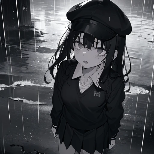 1girl, lomg messy hair, cap, school uniform, uniform polo, black skirt, empty eyes, empty expression, wide eyes, staring, looking above, raining, soaked in raind, looking above, depressed, open mouth, sad mouth, no pupils