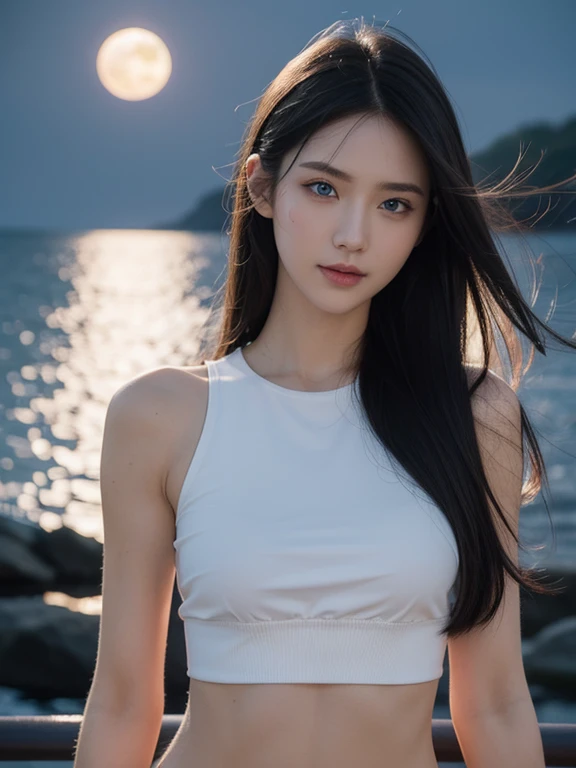 8K, highest quality, intricate details, ultra detail, ultra high resolution, masterpiece, random angle, thin, smile, (compensate: 0.4), (ふわふわのblue eyes: 1.21), blue eyes, looking at the viewer, ((whole body)), 1 girl, alone, 1 girl, (( whole body)), close up shot, , ((expensive)), (((fit the body))), (((slim face))), sharp face, clear eyes, (((black hair, long hair, )) , (detailed face), sharp face, small lips,
(( )), ((crop top)), detailed face, detailed chest, , big breasts, details butt, , Beautiful girl with slender abdominal muscles: 1.4, six pack abs: 1.4, bust botox, big, perfect body, detail leg, (( moonlight)), top of the mountain