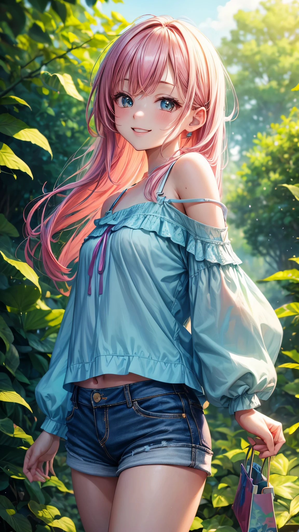 (highres,masterpiece:1.2),detailed,1_girl waifu, playing handheld,wearing offtheshoulder shirt,mini shorts,portraits,anime style,vibrant colors,pastel color palette,warm lighting,blurred background,greenery in the background,breezy atmosphere,relaxed expression,bright eyes,happy smile,flowing hair,soft sunlight filtering through the leaves, back view