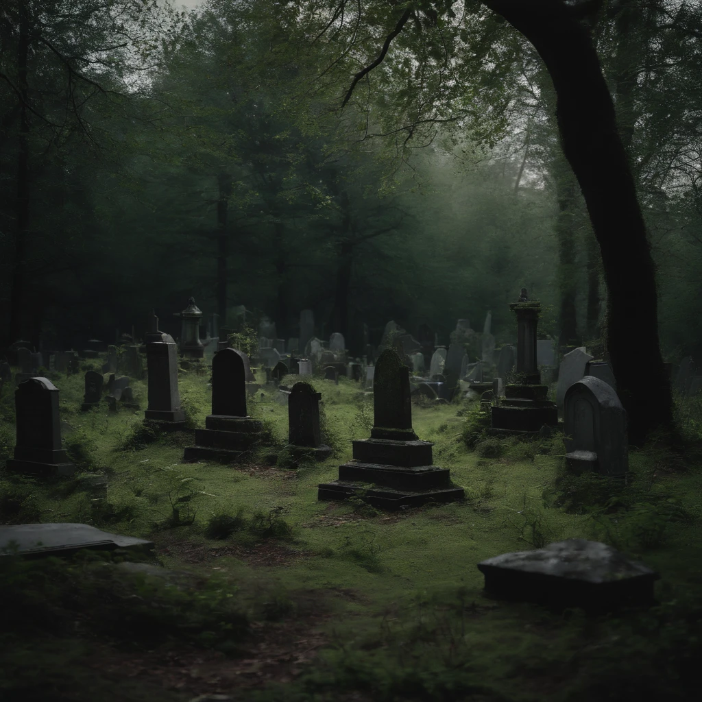 a shabby, Semi-rotten, mossy, Abandoned cemetery in the middle of the forest, Remains of nearby cemetery,everything is overgrown with grass and shrubs, An ominous atmosphere of terror and desolation,realism,8K rendering