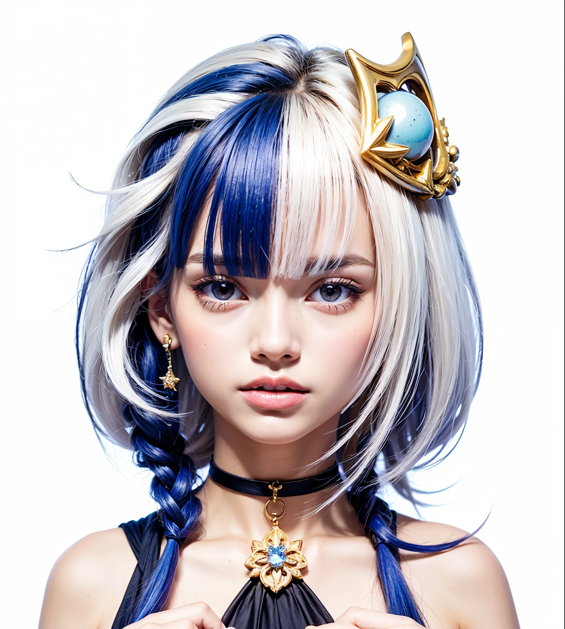 uma mulher com orelhas de elfo, a star-shaped crown on the head ((maximum quality、8k、masseter part:1.1))、1 mulher、cabelos brancos、cabelo branco com mechas azuis、atalho、thicker lips、olhos azuis、Rosto seco、Um sorriso、Mulheres lindas:1.1、seios grandes:1.1,Olhos realistas hiperdetalhados, rosto hiperdetalhado, Rosto realista、rosto fofo、adorable face、ascension、nice guy、organismo、High detailed lips、erotic face,Rosto de sopro、Abra um pouco a boca,olhos convidativos,drooping breast,carnudo,pele brilhante, a noite、luz neon、paisagem noturna、
