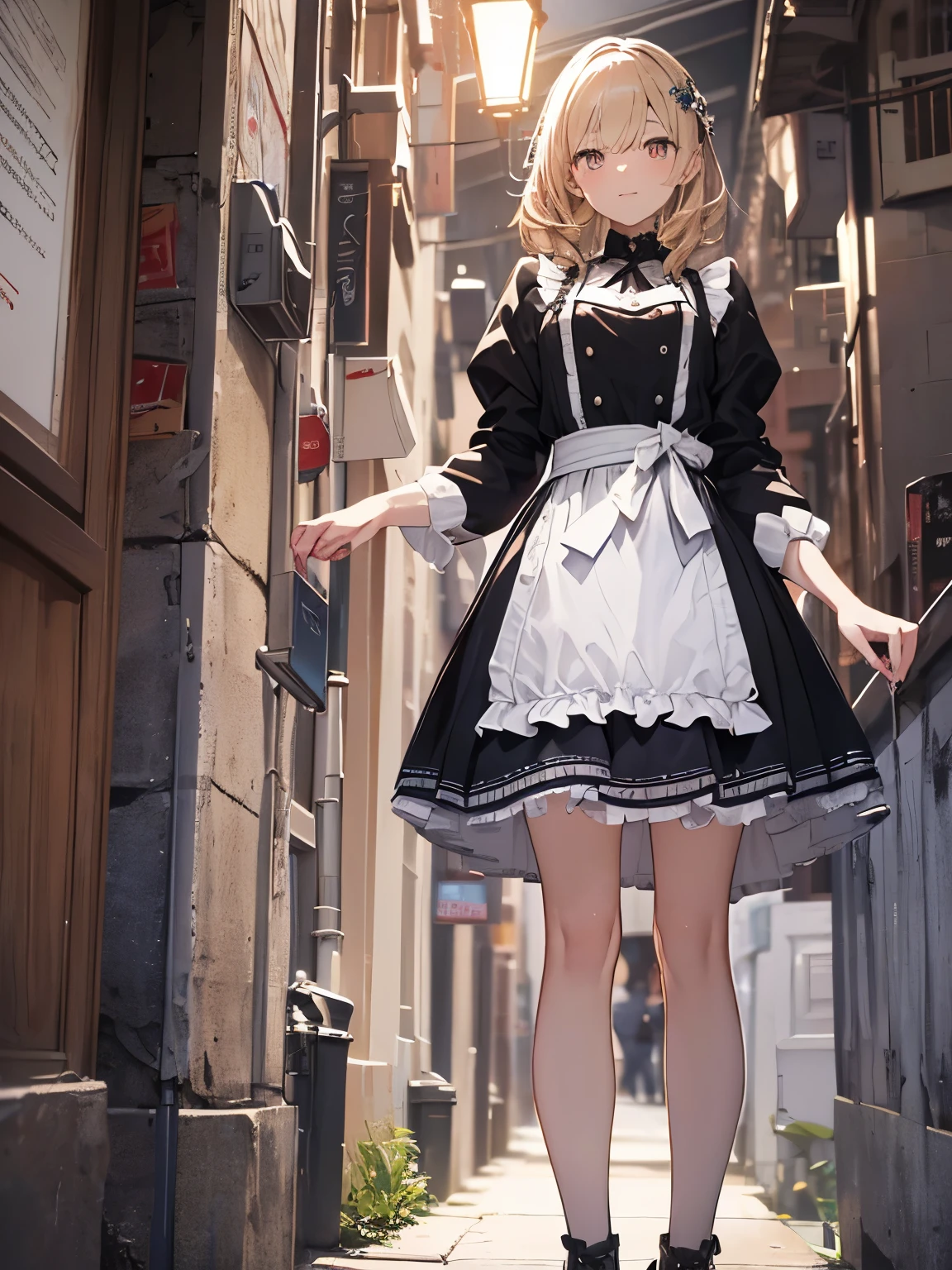 (official art、highest quality、Unity 8k wallpaper、32K、masterpiece、super detailed、超high resolution、realistic、Photoreal:1.2)、(cinematic lighting:1.2)、fire glow effect、film grain、best shadows、rim lighting、side light、(Super detailed and complex 3D rendering)、Background like Makoto Shinkai、detailed beautiful face and eyes、(Beautiful and sharp pupils)、masterpiece, high resolution、highest quality, ultla highres, maximum resolution, very detailed, professional lighting, beautiful skin, 22-year-old woman、very pretty、Inside the cafe、waitress、Maid clothes、work at a cafe、Maid clothes、skirt、dress lift、shoes下、shoes、bright hair color、blonde、bangs、dull bangs、happy expression、the girl is looking away、The girl is looking to the side、Wide angle、zoomout、angle from below、(((Precise human body structure、Correct and accurate number of limbs、Correct and accurate number of fingers)))