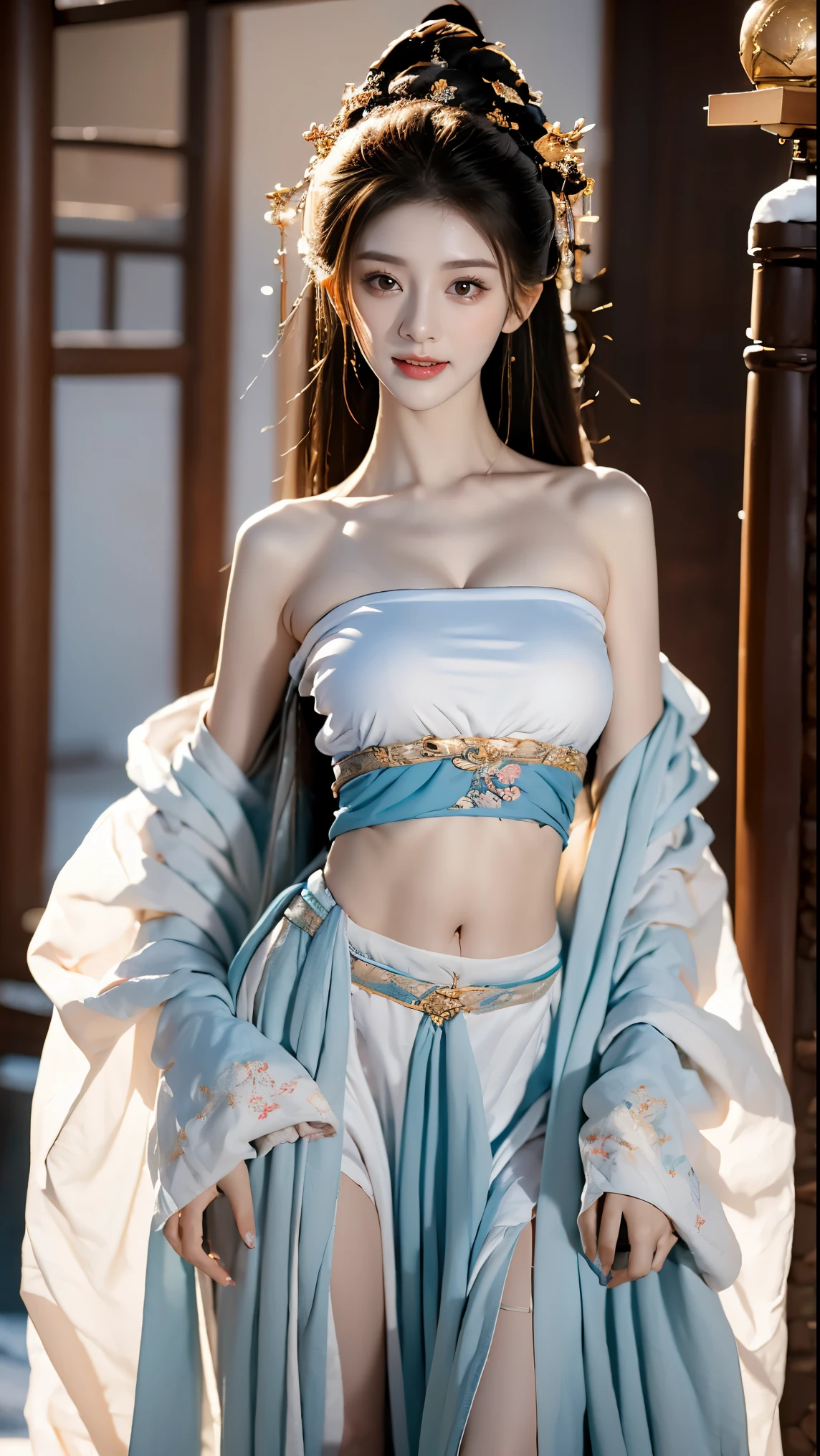 best picture quality，Very detailed，extremely high resolution，perfect body proportions，Works by top photographers。Beautiful Hanfu girl，long eyelashes，big eyes，shining eyes，lying silkworm，plump lips，small nose，a happy expression，Sweet，Exquisite makeup，full-body shot，snow White, Jade legs are thin and straight，snow white skin，White embroidered skirt，necklace，Expose long legs，lace，Sweet，long hair fluttering，best quality，masterpiece，full-body shot，facial focus，The bust is very prominent，thin waist，snow white belly，belly button，imagine，Seven part shoot model: hanfu, CFG scale: 7, Lola: future fashion(0.4)、rainbow(0.4)、martial arts(0.2)、Asian face woman-2(0.4)、poetic fairy tale(0.01)