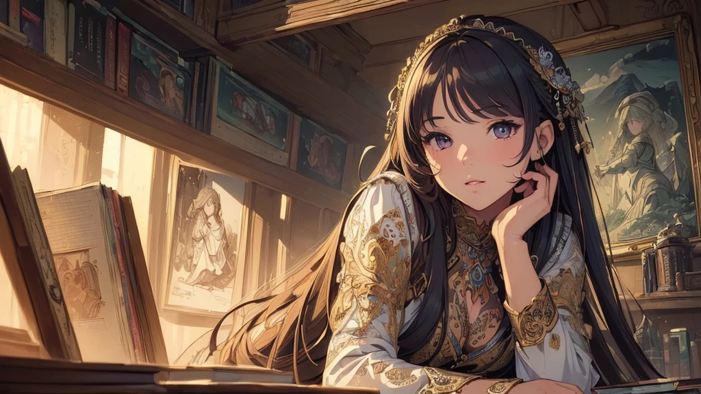 (masterpiece, best quality, high resolution, high quality, super fine illustration, ultra detailed illustration:1.5), detailed skin, detailed face, detailed eyes, detailed background, Reyvateil, alone, She is nestled among many books, (long shot:1.2),