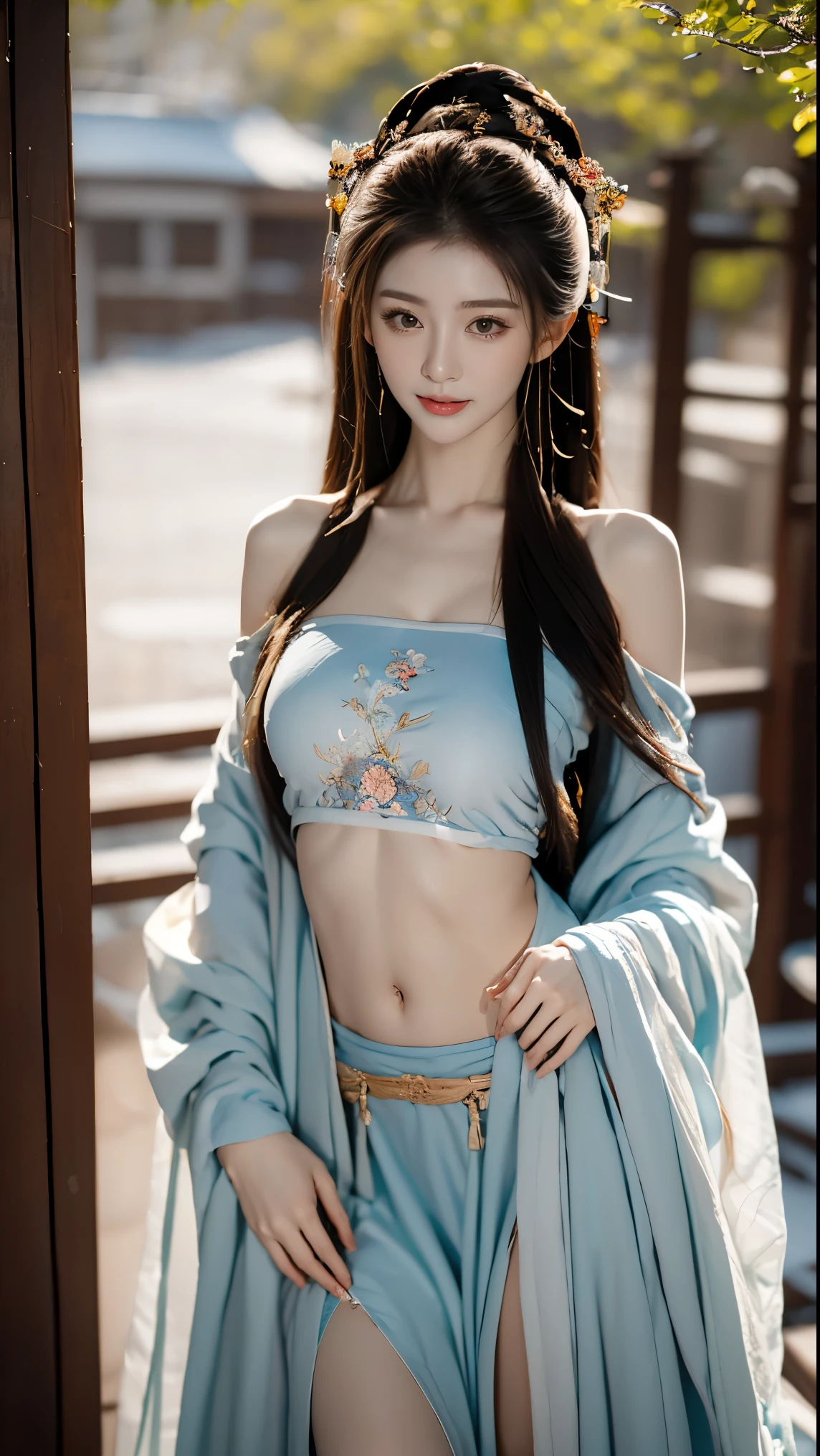 best picture quality，Very detailed，extremely high resolution，perfect body proportions，Works by top photographers。Beautiful Hanfu girl，long eyelashes，big eyes，shining eyes，lying silkworm，plump lips，small nose，a happy expression，Sweet，Exquisite makeup，full-body shot，snow White, Jade legs are thin and straight，snow white skin，White embroidered skirt，necklace，Expose long legs，lace，Sweet，long hair fluttering，best quality，masterpiece，full-body shot，facial focus，The bust is very prominent，thin waist，snow white belly，belly button，imagine，Seven part shoot model: hanfu, CFG scale: 7, Lola: future fashion(0.4)、rainbow(0.4)、martial arts(0.2)、Asian face woman-2(0.4)、poetic fairy tale(0.01)