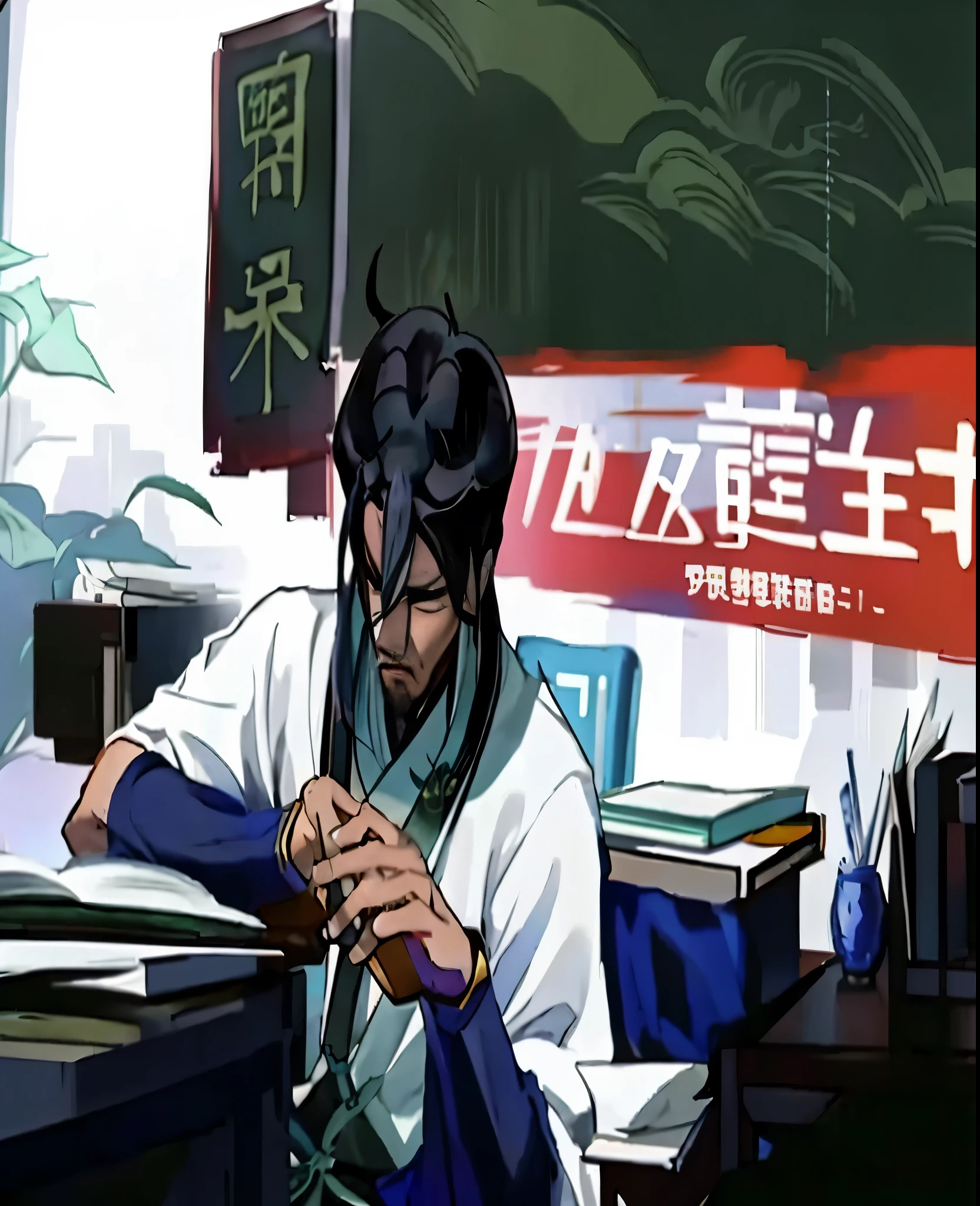 Anime characters sitting at desks,Holding a book and a cell phone, inspired by Cao Zhibai, ninja scroll anime style, g liulian art style, Inspired by Zhang Sengyao, inspired by Wu Daozi, heise jinyao, anime ninja scroll, Inspired by Zhao Yuan, inspired by Zhao Mengfu, inspired by Wu Zuoren
