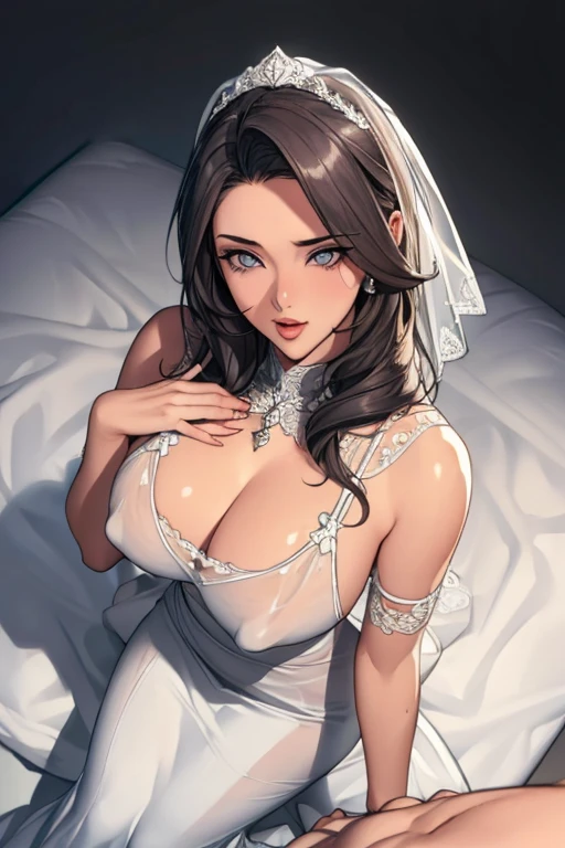 (POV, from above:1.8),(eyes focus:1.5),(masterpiece:1.3),(big breasts beautiful,astounding:1.2),(best qualtiy:1.3),(ultra - detailed:1.2),(spot light:1.5),2girls,full bodyesbian,Wearing a white sheer sexy wedding dress,(covered nipples:1.1), sagging breasts,Only cleavage leaks,(Super detail skin:1.2),(glistning skin:1.1),(perfect anatomia,Extremely refined and beautiful:1.2),blown hair,long whitr hair,gray eyes,(super beatiful detailed big eyes:1.2),Looking_at_ the viewer,smile,with her mouth open,stylish posing,hiddenhands,Sacred costumes,hotel room,(open mouth,orgasm:0.9)