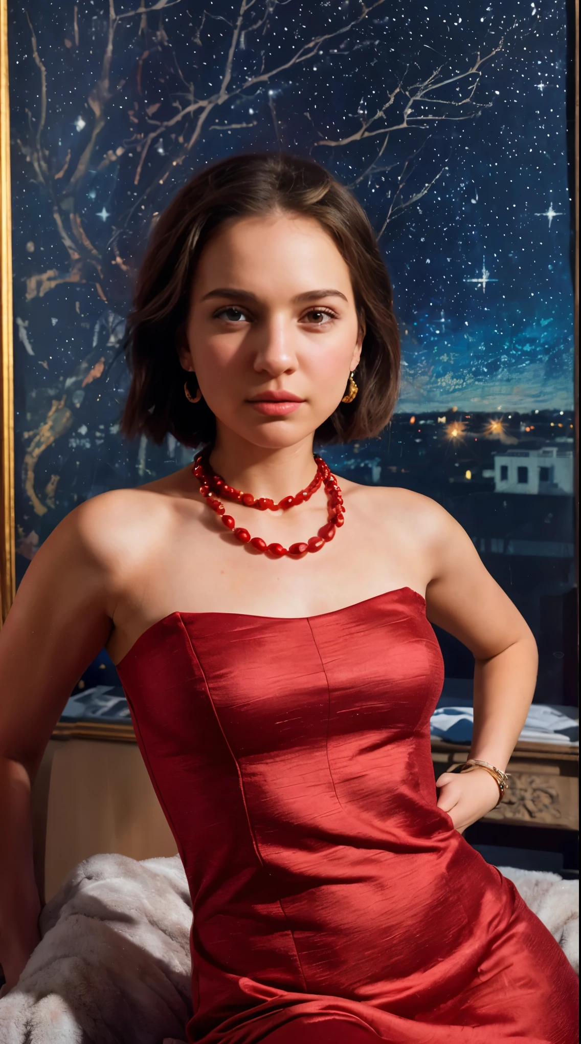 Natalie Portman, Oil painting, Renaissance, Leonardo da Vinci, model, modern style, modern clothing, pop star, cool, short hair red color pearl necklace, earrings, modern makeup, red lipstick, Starry night, dress with black stars, ring, defined strokes  