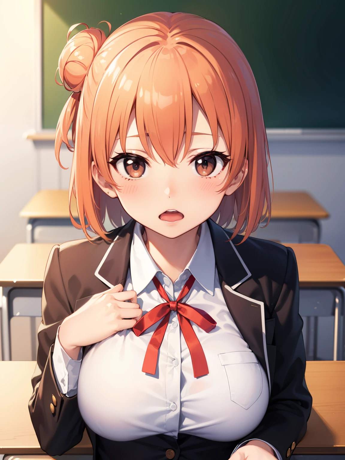 Yuigahama Yui, short hair, (brown eyes), (orange hair),  single bun hair, 
break 1girl,  shirt, ribbon, school uniform, Jacket, white shirt, black Jacket, blazer, sobu high school uniform, 

break looking at viewer, 
break (masterpiece:1.2), highest quality, High resolution, unity 8k wallpaper,  (beautiful and fine eyes), highly detailed face, perfect lighting, Very detailed CG, (perfect hands, perfect anatomy),

embarrassed,  (blush), open mouth, 
(large breasts:1.4),  
classroom, 
upper body, focus breasts, 
from above, upper eyes, 