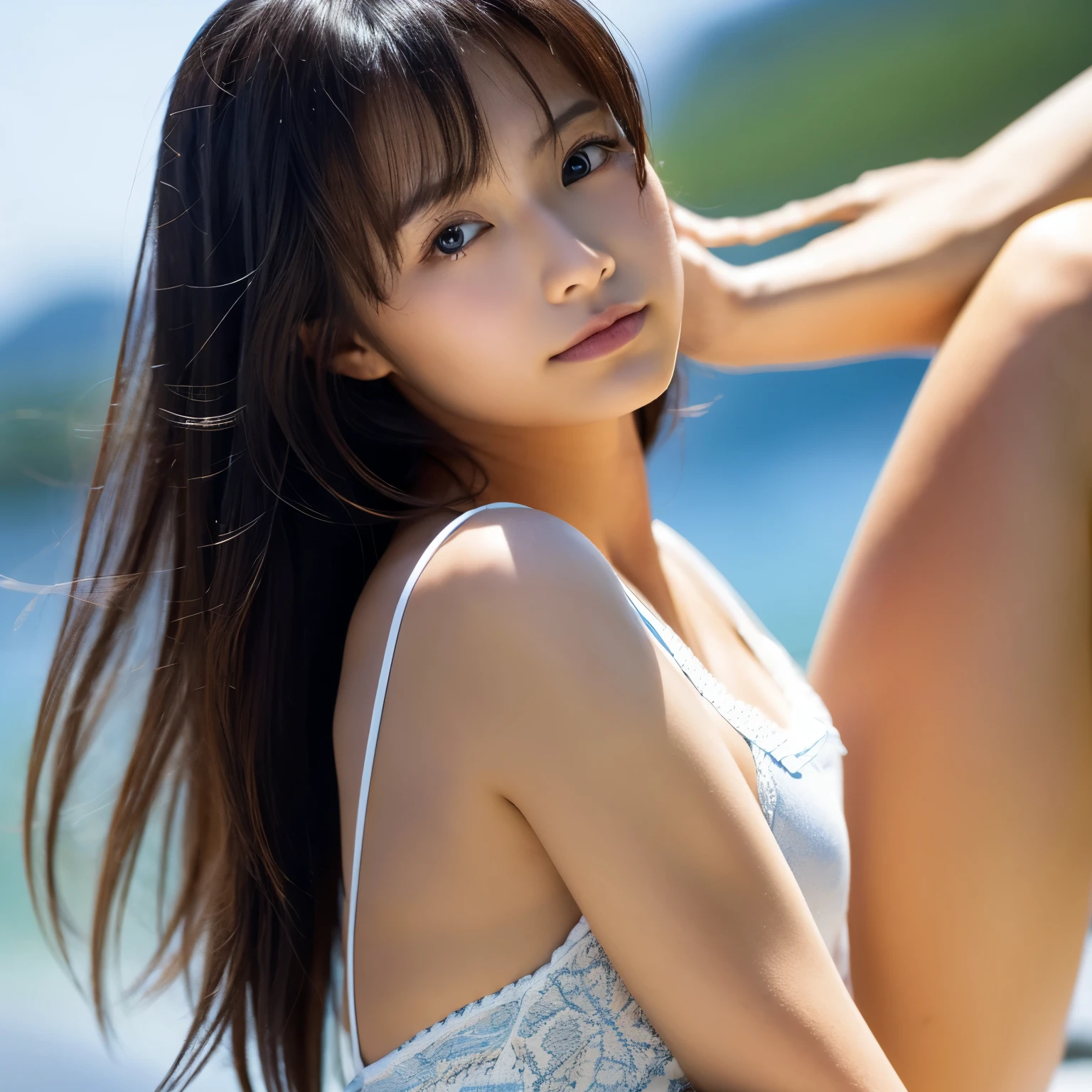 (8k、highest quality、masterpiece:1.2)、(Realistic、Realistic:1.37)、Ultra-detailed、1 girl、23 years old、Big Breasts、Beauty、Beautiful and perfect face、Natural smile、solo、Beach、Beautiful legs、(Nose redness)、(Laughter:1.15)、(Shut your mouth.) 、Beautiful Eyes、(length:1.2)、Floating Hair Nova Frog Style、Upper Body、Patterned dress underwear、