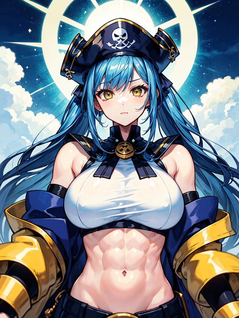 (((masterpiece、Highest image quality、highest quality、highly detailed unity 8kwallpaper)))、((Illustration of one girl、upper body))、(((beautiful girl)))、(female pirate)、(Light light blue hair、short ponytail:1.2、yellow eyes)、((tall))、(((muscle girl, muscle, bulky figure, massive frame, thick neck, sturdy arms, powerful legs)))、(captain's suit、Pirate hat、Blue coat)、Pirate ship deck