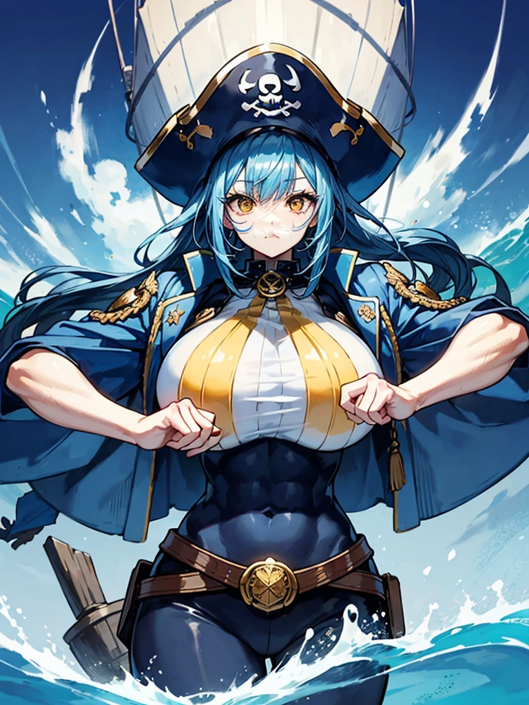 (((masterpiece、Highest image quality、highest quality、highly detailed unity 8kwallpaper)))、((Illustration of one girl、upper body))、(((beautiful girl)))、(female pirate)、(Light light blue hair、short ponytail:1.2、yellow eyes)、((tall))、(((muscle girl, muscle, bulky figure, massive frame, thick neck, sturdy arms, powerful legs)))、(captain's suit、Pirate hat、Blue coat)、Pirate ship deck