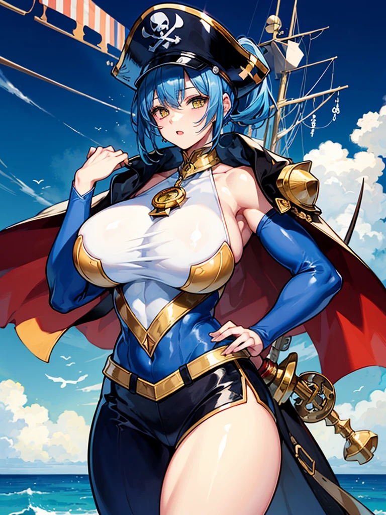 （（（masterpiece、Highest image quality、highest quality、highly detailed unity 8ｋwallpaper）））、（（Illustration of one girl、upper body））、（（（beautiful girl）））、（female pirate）、（Light light blue hair、short ponytail：1.2、yellow eyes）、（（tall））、（（（muscle girl, muscle, bulky figure, massive frame, thick neck, sturdy arms, powerful legs）））、（captain&#39;s suit、Pirate hat、Blue coat）、Pirate ship deck