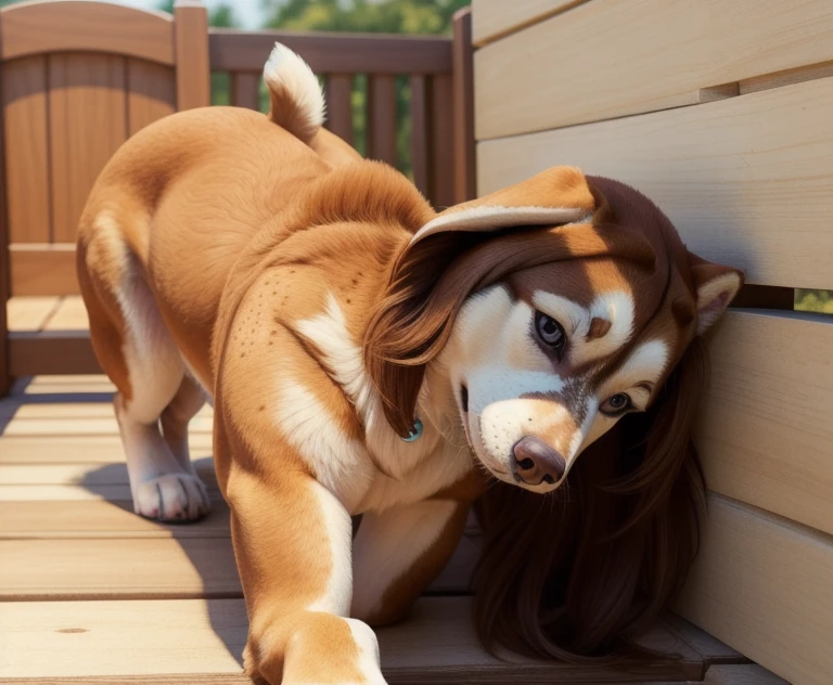 ((Naked Woman outside on the side walking on handsand knees)), ((walking on all four paws)), ((long fluffy dog tail)), ((wider hips)), ((woman reposition herself into dog stand)), ((hands turns into paws)), ((feet turns into paws)), ((woman with freckles)), (topless), brown freckles, freckled pale skin, (cute freckles), (small freckles), freckled, freckles!!!, (freckles), elegant freckles, (brown freckles), (with freckles), freckles on chicks, (dark noticeable freckles), (freckled face), (very brown freckles), rosy cheeks with freckles, (a lot of freckles), Lentigines, (breasts showing), 30 year old woman, ((freckled nose)), ((freckled chest)), hard  showing, ((dog ears)) , (dog fur growing) , ((long dog nose)), blue eyes, ((bigger )), ((body reshapes into dog body)), ((anthro dog)), ((full husky transformation)), a dog wearing a purple shirt standing on a wooden floor, sfw huge breasts, devianart and cgsociety, made in 2019, paprika, the girl is scared, large hips, look what you have done, realistic cartoon, demodog, wearing an oversized sweater, joe rogan, sie boob, simba, true realistic image