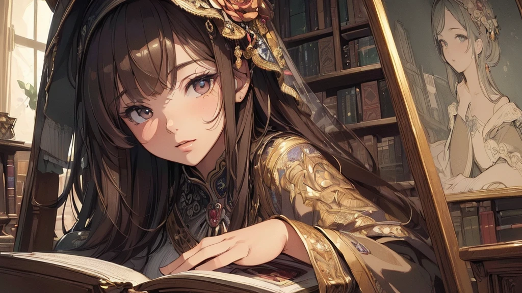 (masterpiece, best quality, high resolution, high quality, super fine illustration, ultra detailed illustration:1.5), detailed skin, detailed face, detailed eyes, detailed background, Reyvateil, alone, She is nestled among many books, (long shot:1.2),