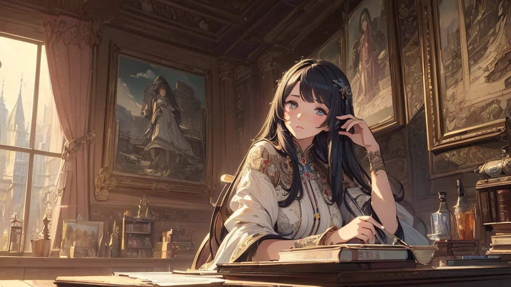 (masterpiece, best quality, high resolution, high quality, super fine illustration, ultra detailed illustration:1.5), detailed skin, detailed face, detailed eyes, detailed background, Reyvateil, alone, She is nestled among many books, (long shot:1.2),