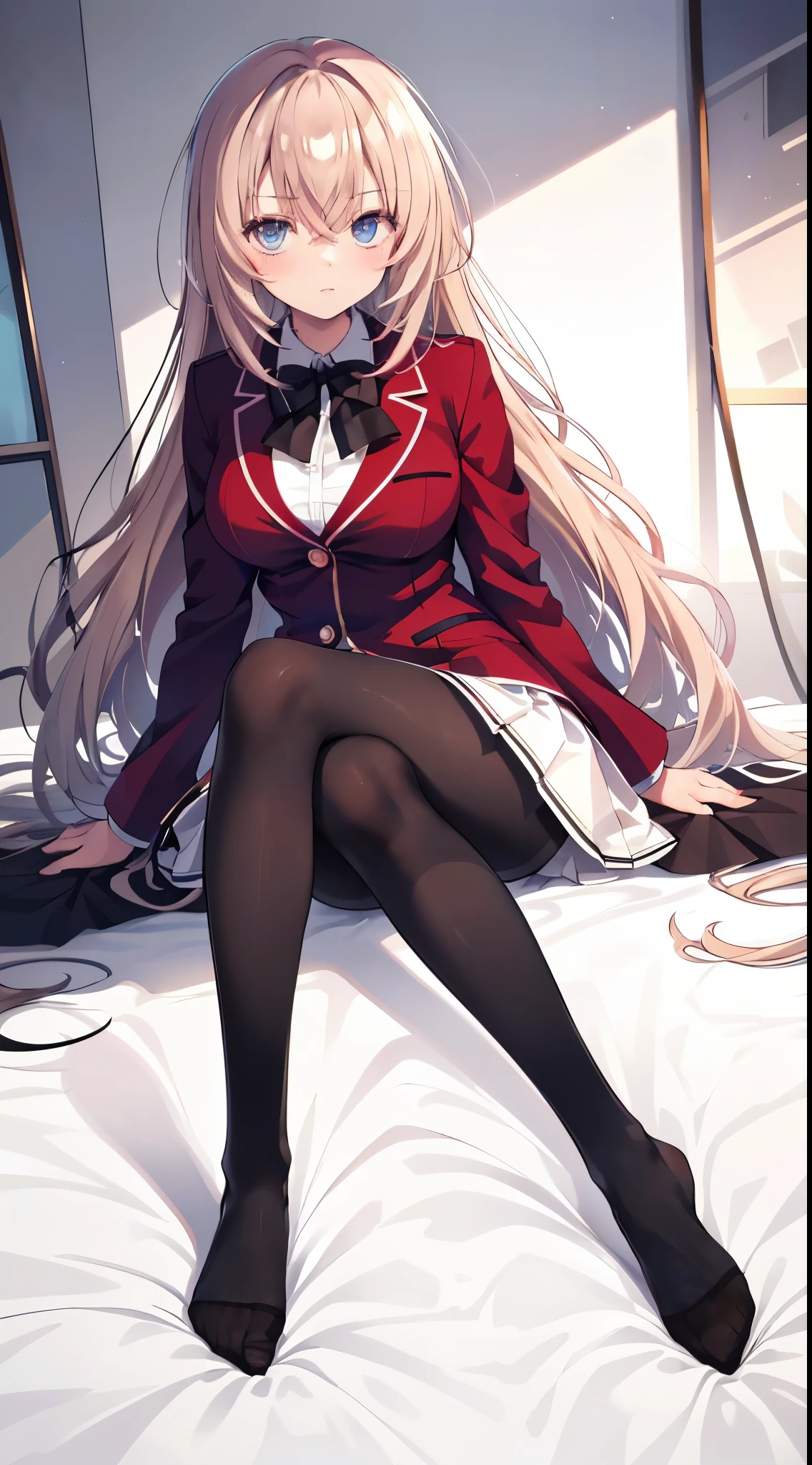 finest, masterpiece, High resolution, (Full body view from head to toe), front, frontやや下からの構図, Symmetrical, 18 year old girl, alone, (whole body from head to toe), small , brown hair, slightly messy hair, long hair, bangs, (black tights), ( (black pantyhose), black pantyhose, sitting with legs spread in the bedroom, (M-shaped legs), show me your white panties, Slender legs, とても美しい18 year old girl, (not wearing shoes), blush, shy big eyes, messy hair, looking at camera, Blazer uniform appearance、Checkered pleated skirt