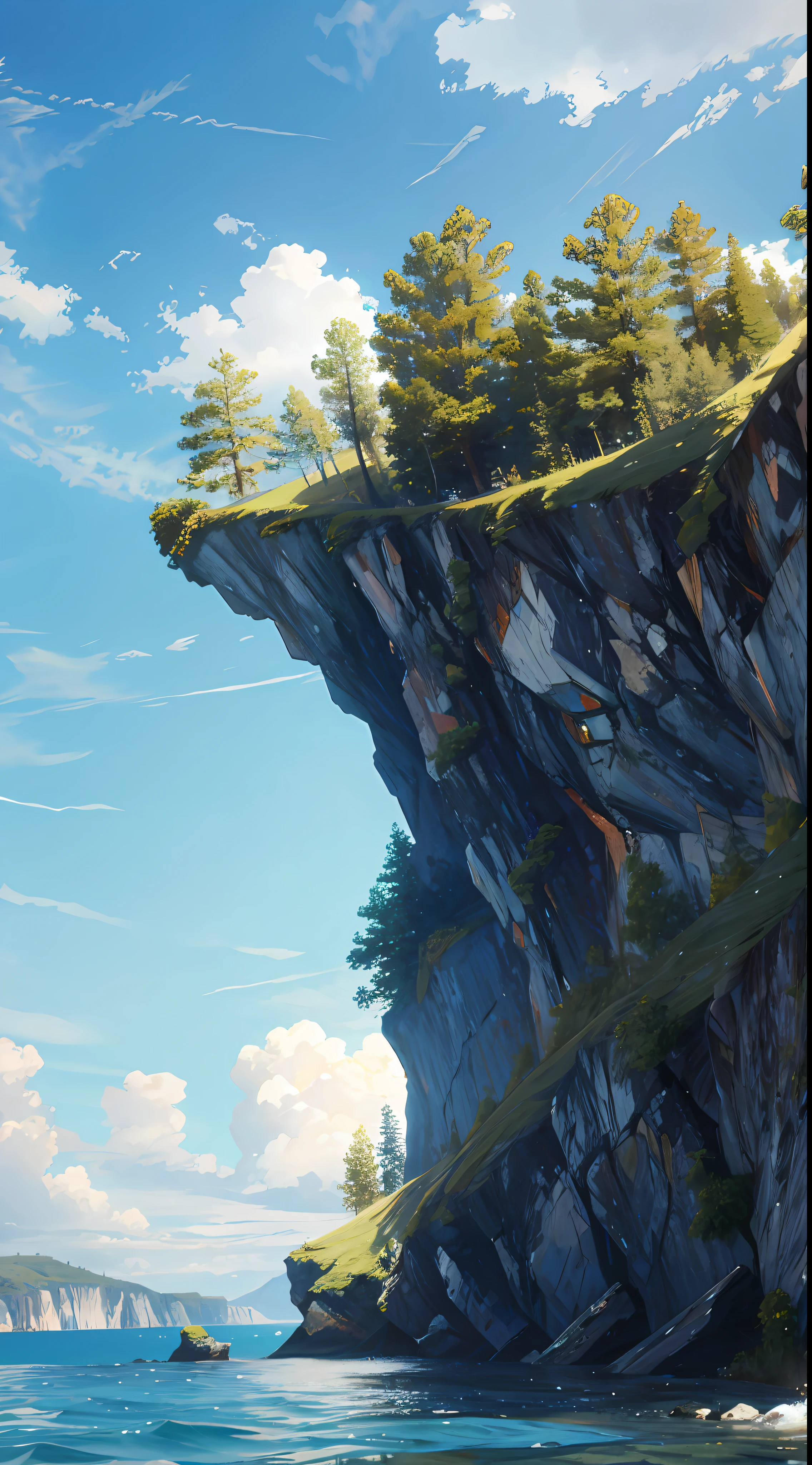sem humanos, scenario, ponto de fuga, de baixo, obra de arte, melhor qualidade, 8k, absurdos, water surface, summer, meio-dia, luz solar, blue sky, perspectiva, profundidade de campo, high resolution, detalhes finos, ultra-detalhado, sharp focus