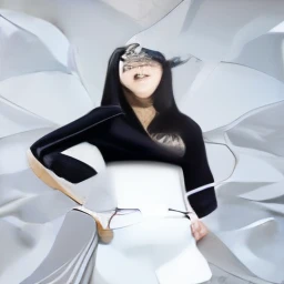 A girl wearing a black top and white skirt，gray background，Happy expressions，long hair，3D comic style