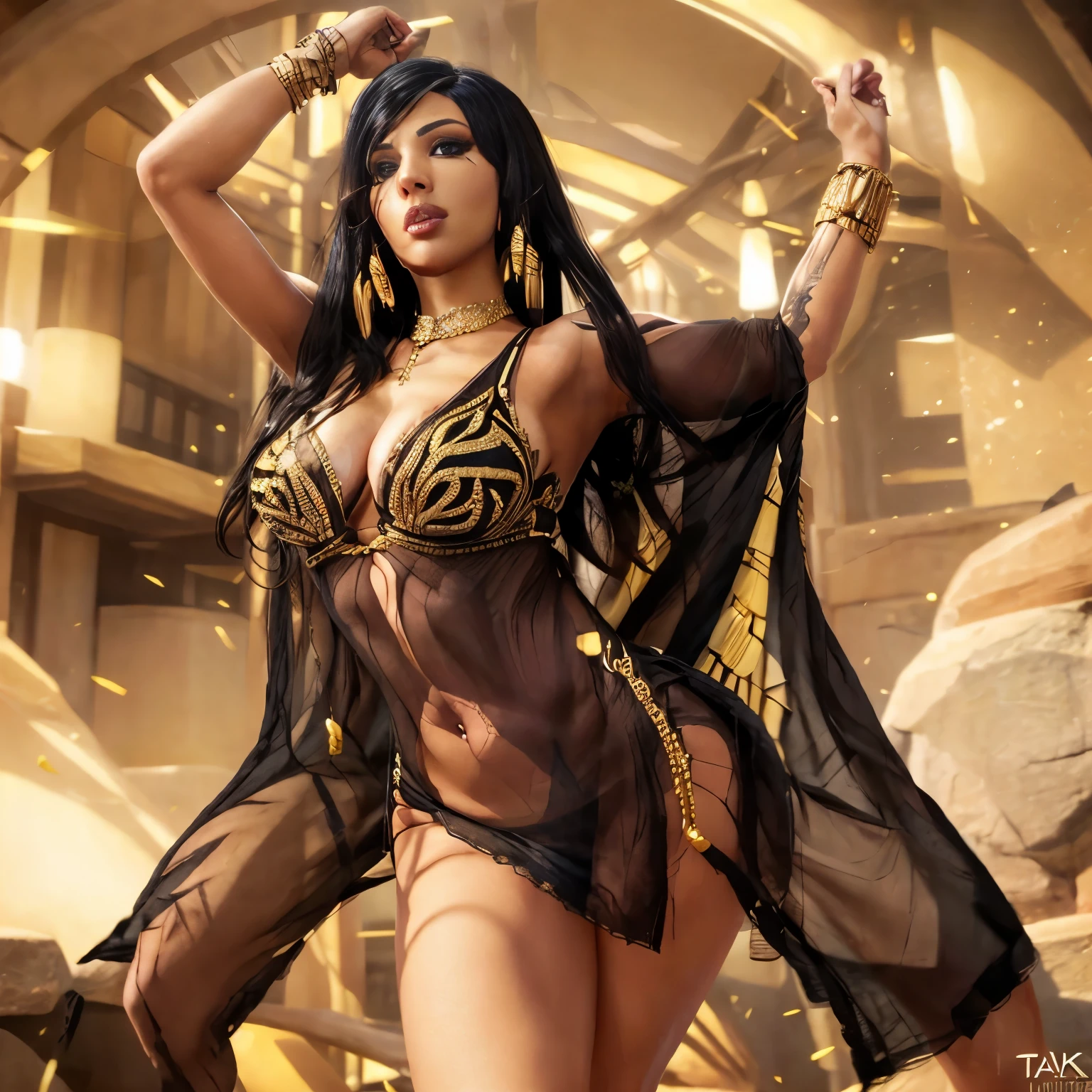 hyper realistic, highly detailed masterpiece of beautiful Egyptian queen Pharah from Overwatch, in a very sexy pose, curvy thick body , tanned skin , black braided hair, perfect face features, thick kissable lips, golden eyes, thick eyebrows, eyelashes, thin nose, glowing eyes, thick eyeliner, golden accessories, jewelries, , muscular body shape , wearing white see through nuisette , seductive look,