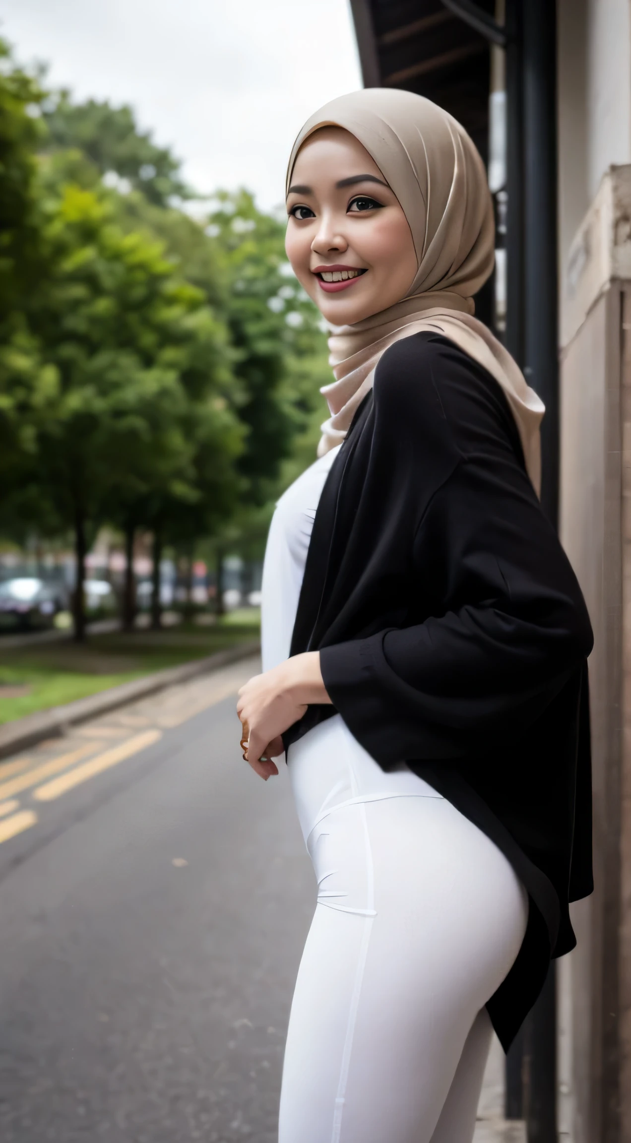 1 malay woman in hijab, (looking at viewer), ((tight white leggings)), (Small buttocks), Emphasize ass, Smaller chest, laughing smile, (hijab flying), pale skin, small breasts thin waist, china street style street, Hyper-Realism, Cinematic lighting, depth of fields, From below, vanishing point, F/2.8, Anatomically correct, Textured skin, Super Detail, award winning, Best Quality, high resolution,