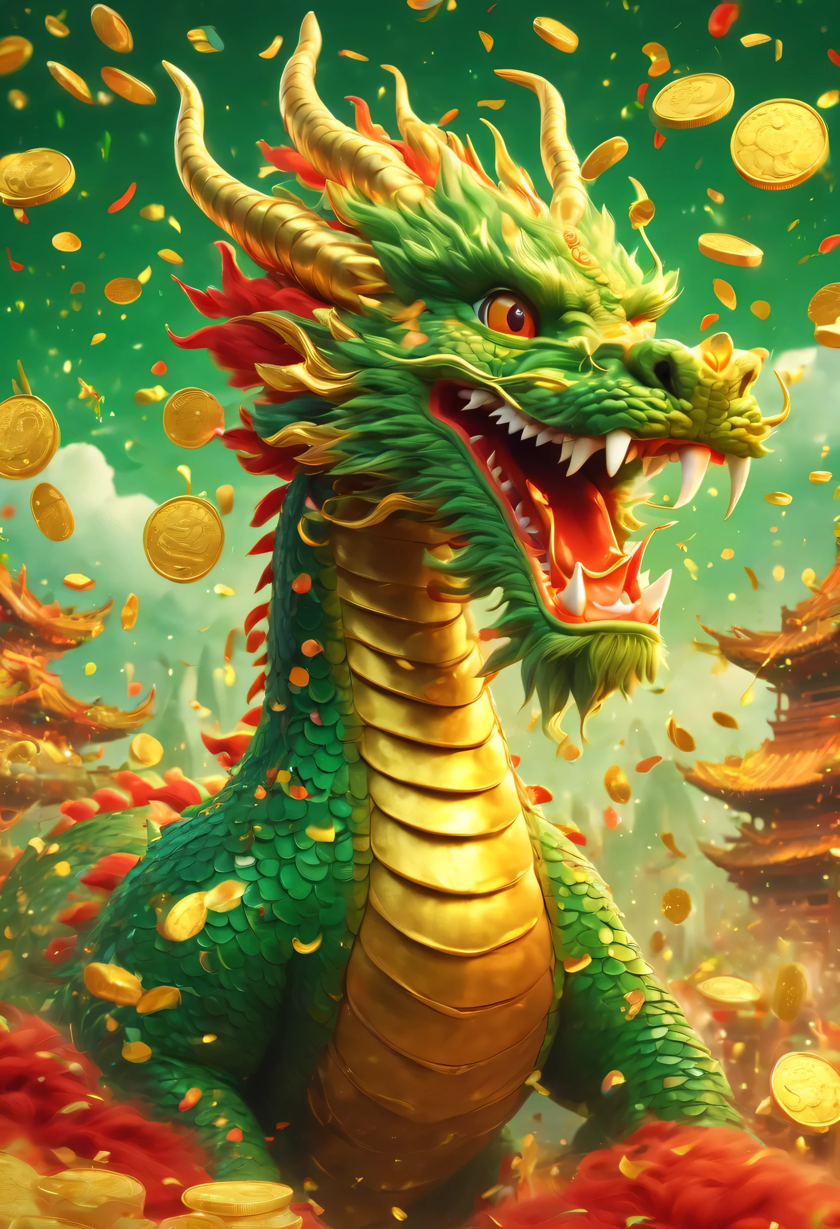 new year poster design：Cartoon oriental dragon，Head close-up，big furry head，hairy body，paw。green，color。There are many gold coins in the air，Red and gold confetti flying in the sky，Gold coin rain，A strong festive atmosphere，It was very lively。symmetry，dreamy background blur