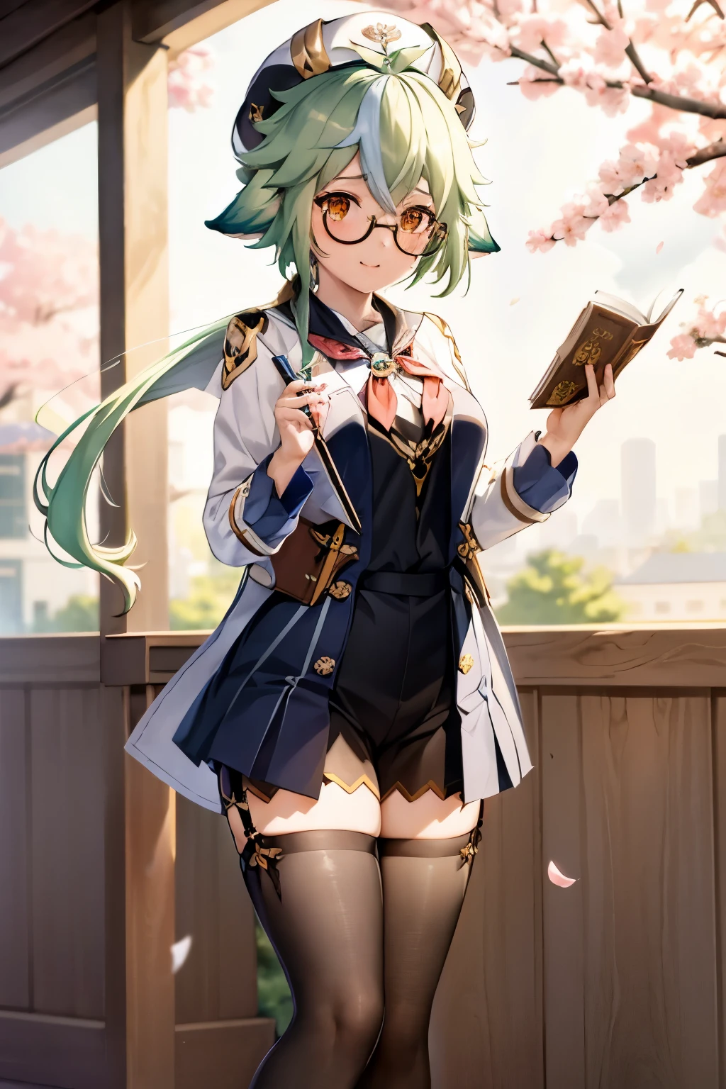 masterpiece, best quality, 1girl, skirt, school uniform, thighhighs, hat, cherry blossoms, green hair, blue skirt, pleated skirt, long hair, alternate costume, glasses, long sleeves, open mouth, semi-rimless eyewear, slime (genshin impact), shoes, serafuku, petals, neckerchief, white shirt, book, holding, shirt, red neckerchief, brown footwear, multicolored hair, sailor collar, white headwear, bangs, loafers, pencil, zettai ryouiki, blush, looking at viewer, animal ears, paper, full body, hat removed, solo, streaked hair, headwear removed, orange eyes, hair between eyes, black thighhighs, very long hair, pen, contemporary, hands up, notebook, open book, sidelocks, blue sailor collar, ponytail, under-rim eyewear, brown eyes, low ponytail, floating, blurry, smile, holding book, yellow eyes, eraser, holding pencil, two-tone hair, cat ears, dango