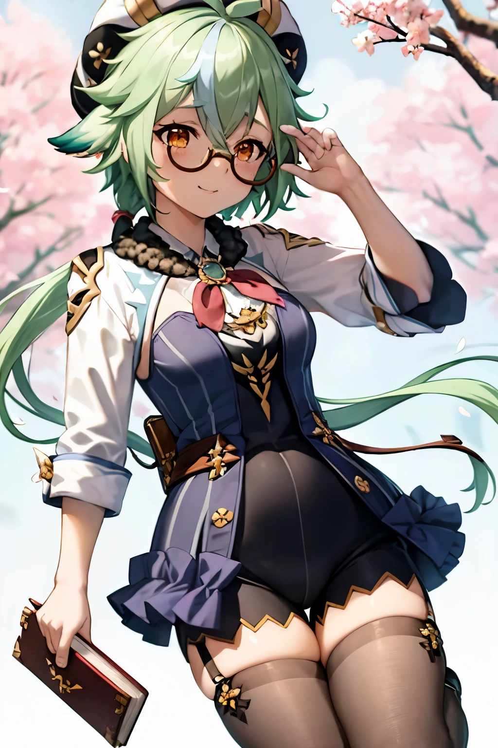 masterpiece, best quality, 1girl, skirt, school uniform, thighhighs, hat, cherry blossoms, green hair, blue skirt, pleated skirt, long hair, alternate costume, glasses, long sleeves, open mouth, semi-rimless eyewear, slime (genshin impact), shoes, serafuku, petals, neckerchief, white shirt, book, holding, shirt, red neckerchief, brown footwear, multicolored hair, sailor collar, white headwear, bangs, loafers, pencil, zettai ryouiki, blush, looking at viewer, animal ears, paper, full body, hat removed, solo, streaked hair, headwear removed, orange eyes, hair between eyes, black thighhighs, very long hair, pen, contemporary, hands up, notebook, open book, sidelocks, blue sailor collar, ponytail, under-rim eyewear, brown eyes, low ponytail, floating, blurry, smile, holding book, yellow eyes, eraser, holding pencil, two-tone hair, cat ears, dango