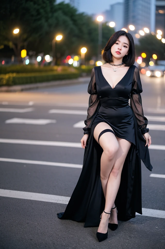 (Cinematic Aesthetic:1.4) Photo of a beautiful korean fashion model bokeh city night,cleevage dress,full sleeve dress, disgin,attractive girl,wearing chain on hands,long maxi long as foot,loose dress,black silky dress,plain black gown,long dress,puffed dress fabric,glammer girl attractive with breast,jeans shorts and black stockings