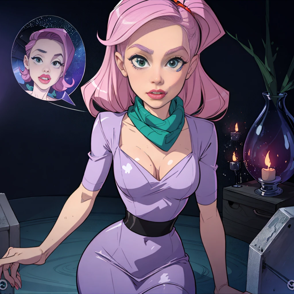 Daphne Blake from Scooby-Doo, green scarf around her neck, purple dress, dark ambient, misterious ambient,1 girl, solo girl, scared