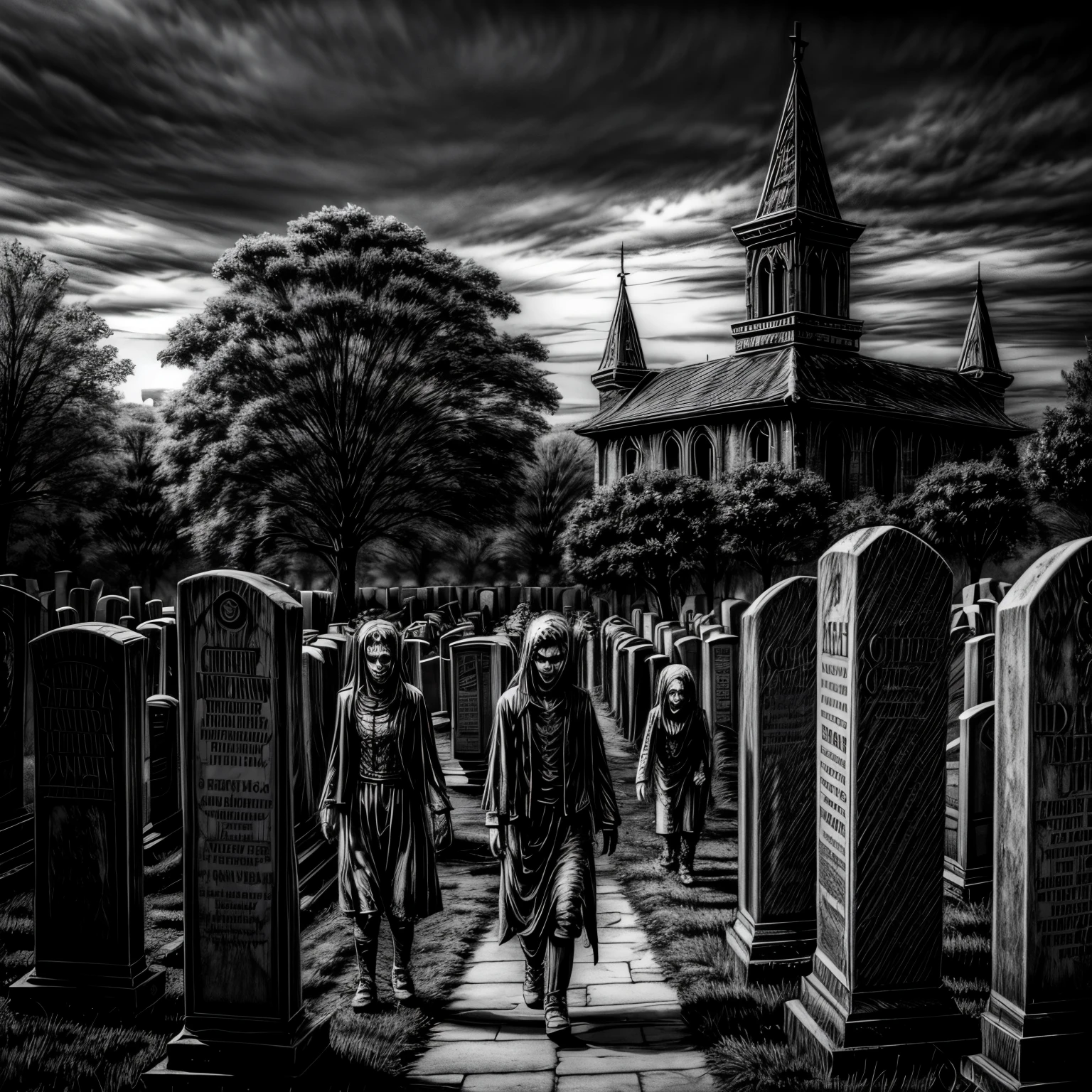 monochrome, greyscale, Graveyard full of zombies
