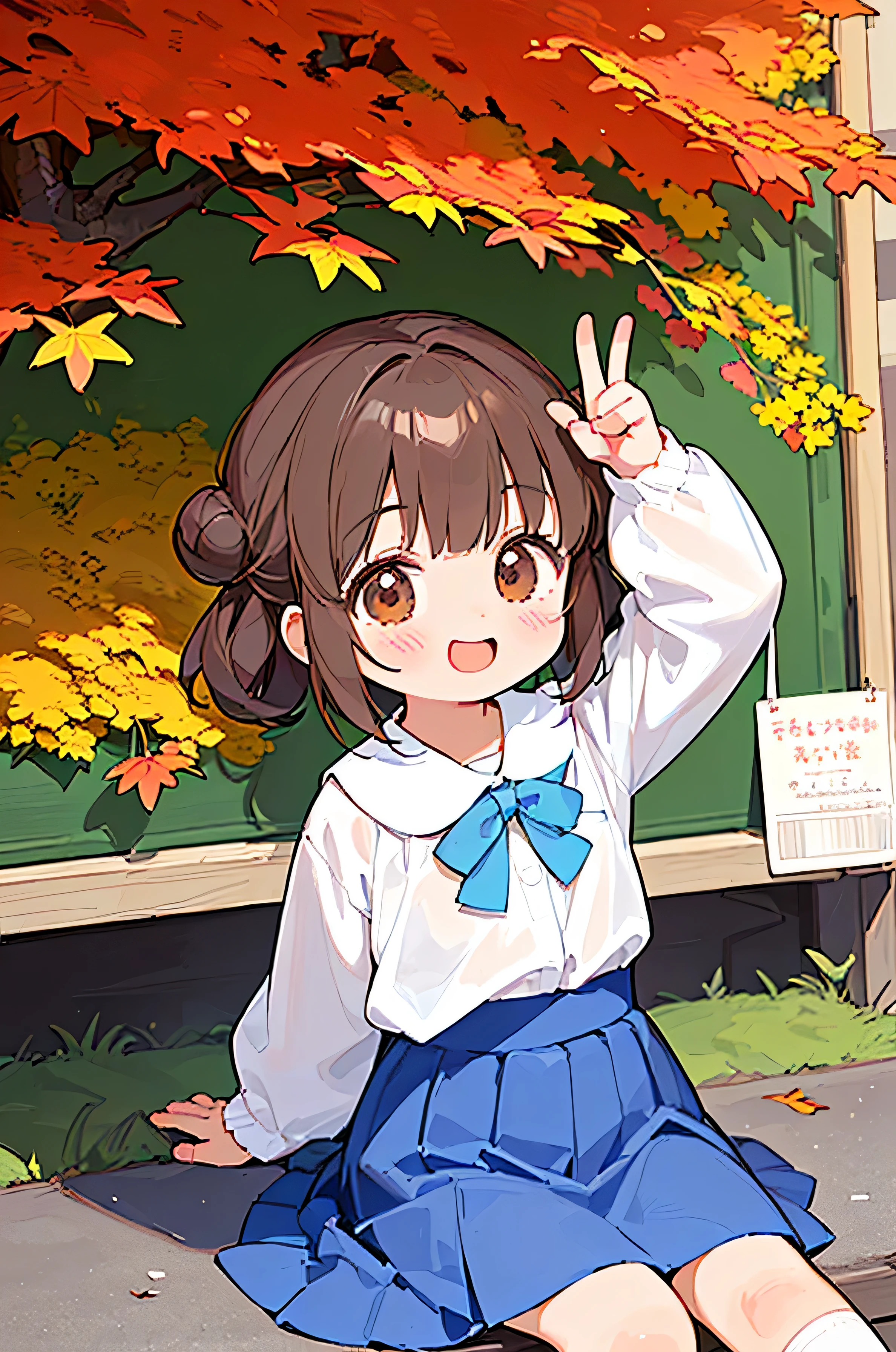 (best quality,ultrares,masterpiece:1.2) 1 asian girl, 6 , very young, (((its the morning in autumn and she's starting her first school year, she is very excited and impatient))), peace sign, smiling widely, she has brown hair in low bun and brown eyes, (((she is wearing a white blouse, blue skirt, white socks)))