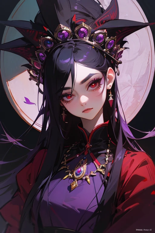 (highest quality, masterpiece:1.2), High resolution, Super detailed, realistic:1.37, fantasy, An illustration, red eyes, Queen, purple dress.Platinum decoration、beautifully、Eyeshadow Red、dark eyebrows、long eyelashes、Pupils are black、Hair is short