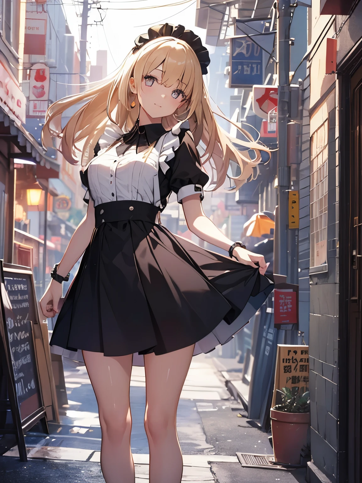 (official art、highest quality、Unity 8k wallpaper、32K、masterpiece、super detailed、超high resolution、realistic、Photoreal:1.2)、(cinematic lighting:1.2)、fire glow effect、film grain、best shadows、rim lighting、side light、(Super detailed and complex 3D rendering)、Background like Makoto Shinkai、detailed beautiful face and eyes、(Beautiful and sharp pupils)、masterpiece, high resolution、highest quality, ultla highres, maximum resolution, very detailed, professional lighting, beautiful skin, 22-year-old woman、very pretty、european cityscape、Inside the cafe、waitress、Maid clothes、work at a cafe、Maid clothes、skirt、dress lift、panties:1.3、shoes下、shoes、bright hair color、blonde、bangs、dull bangs、grinning expression、the girl is looking away、The girl is looking to the side、Wide angle、zoomout、angle from below、(((Precise human body structure、Correct and accurate number of limbs、Correct and accurate number of fingers)))