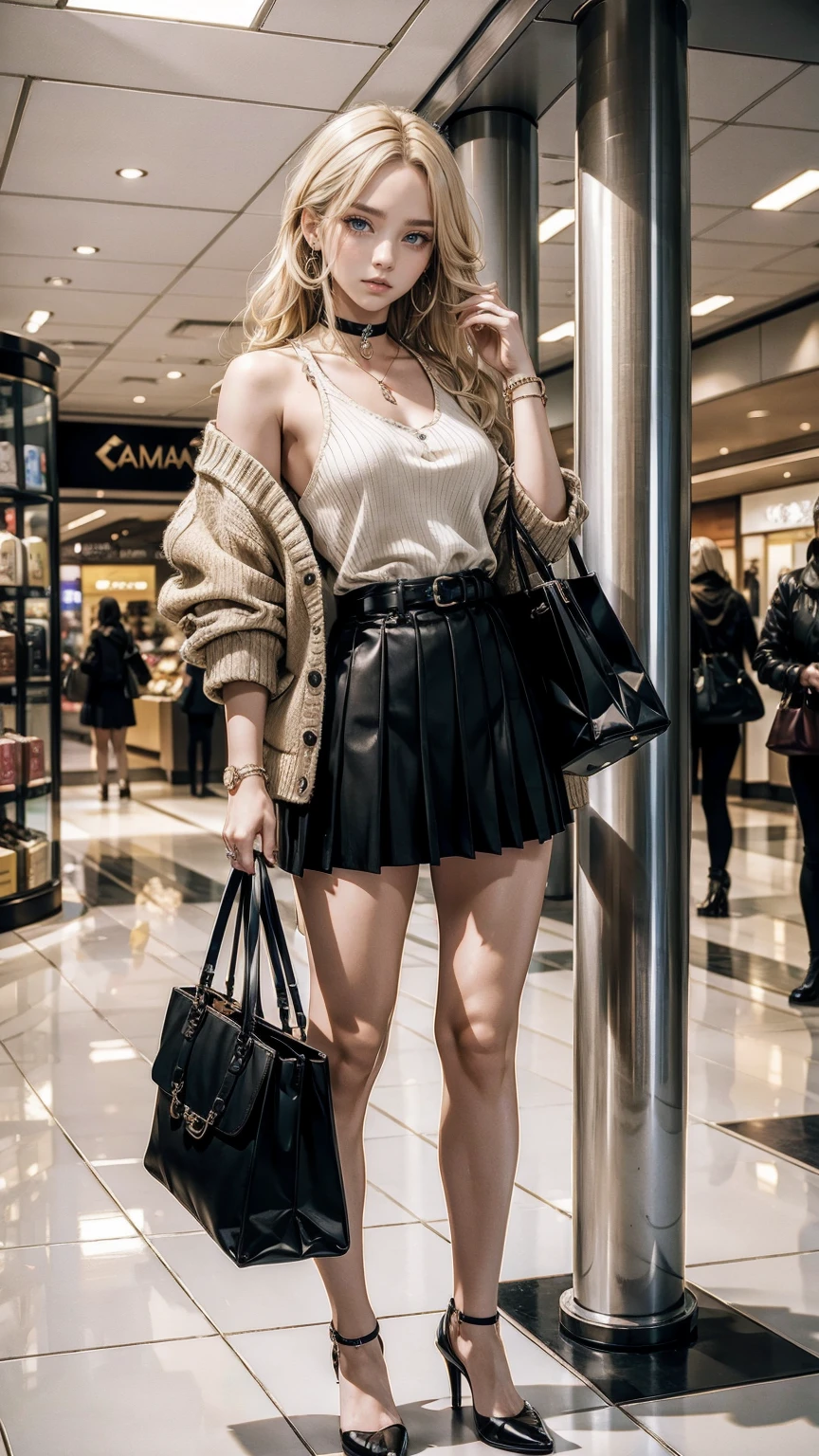 highest quality、masterpiece、ultra high resolution、22 year old white female、hair color is blonde、medium long hair、my hair is wavy、Eye color is blue、setting hair、accessories on wrist、wearing manicure、I&#39;m wearing a choker、I&#39;m wearing earrings、skin is smooth、Slender but muscular body、My heart is pounding、high resolution、wearing a high neck sweater、wearing a cardigan over one&#39;s shoulders、I&#39;m wearing a mini-length pleated skirt、carrying a handbag over the shoulder、wearing high heels、I&#39;m in the atrium of a shopping center.、leaning against a column in the hall、Waiting、Operating a smartphone、looking at smartphone