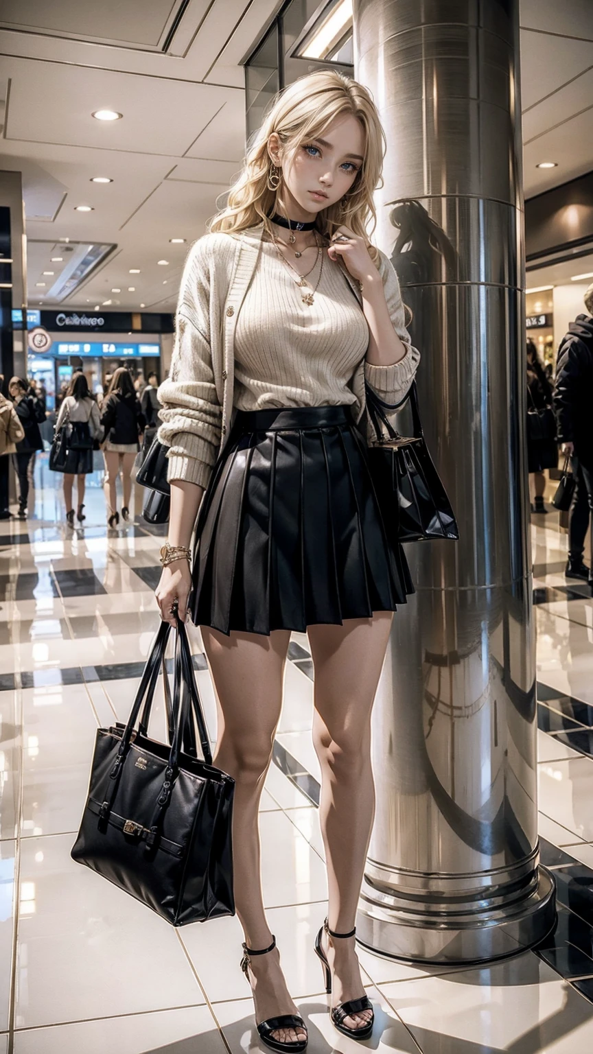 highest quality、masterpiece、ultra high resolution、22 year old white female、hair color is blonde、medium long hair、my hair is wavy、Eye color is blue、setting hair、accessories on wrist、wearing manicure、I'm wearing a choker、I'm wearing earrings、skin is smooth、Slender but muscular body、My heart is pounding、high resolution、wearing a high neck sweater、wearing a cardigan over one's shoulders、I'm wearing a mini-length pleated skirt、carrying a handbag over the shoulder、wearing high heels、I'm in the atrium of a shopping center.、smile、arms crossed