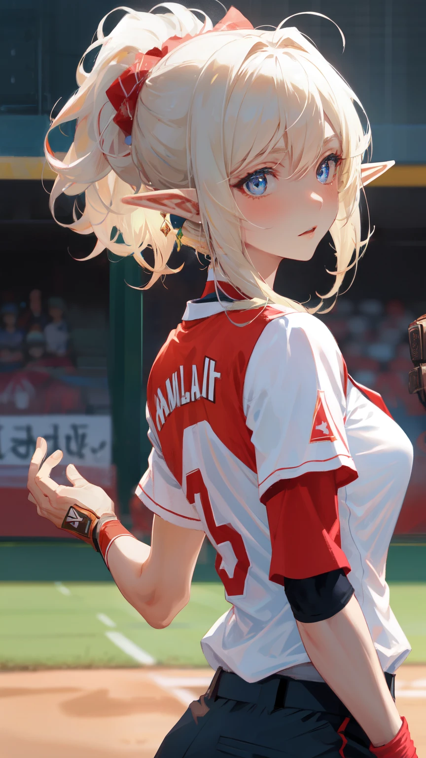 ((masterpiece)), (top quality), (best quality), ((ultra-detailed, 8k quality)), Cinematic lighting, washed colors, red and cream colors, plain background, (clear line art), absurdres, (best composition), (high-resolution), (depth of field:1.2), 
BREAK,
(1elf girl:1.5), adult, cleavage, (delicate facial features:1.3), (extremely detailed fine touch:1.3),
BREAK,
baseball, female, (base stealer :1.3), baseball field, 
BREAK,
base stealer, sliding, (glove:1.2), second baseman, confident expression, determined expression, impatient expression, joyful smile, 
BREAK,
(detailed:1.4), baseball field, base, glove, (baseball uniforms, long pants:1.2),
BREAK,
tense mood, speedy mood, dramatic mood, 
BREAK,
wide-angle lens, low angle, motion blur, contrast,
BREAK,
highly detailed of (elf), (1girl), solo, perfect face, details eye, ahoge, ponytail, white shining hair, (forehead), medium hair, [[floating hair]], blue eyes, shining eyes, (beautiful detailed eyelashes, eyeshadow, pink eyeshadow), Concept art by Mikimoto Haruhiko, by Kawacy, By Yoshitaka Amano,
BREAK, 
((perfect anatomy)), (perfect body), Abs, (medium breast), perfect hands, perfect face, beautiful face, beautiful eyes, perfect eyes, (perfect fingers, deatailed fingers), correct anatomy, perfect legs, skinny, 