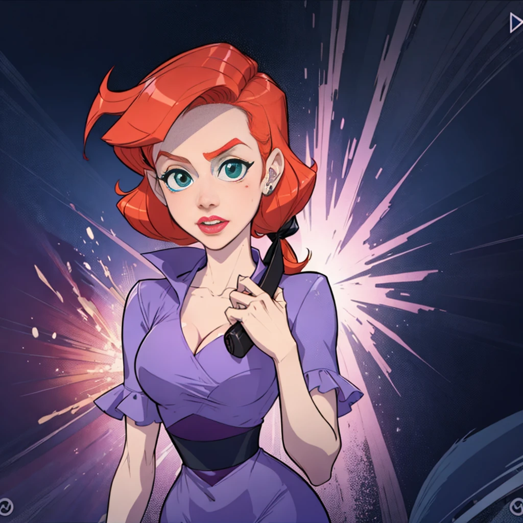 Daphne Blake from Scooby-Doo, red head, green scarf around her neck, purple dress, dark ambient, misterious ambient,1 girl, solo girl, scared