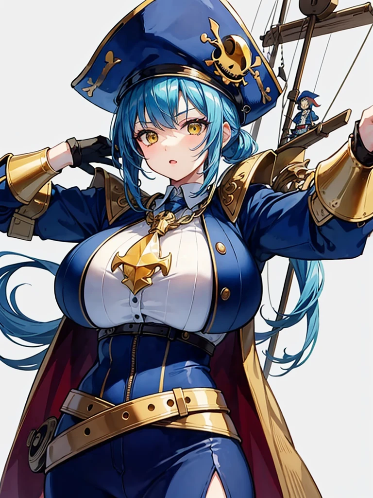 (((masterpiece、Highest image quality、highest quality、highly detailed unity 8kwallpaper)))、((Illustration of one girl、upper body))、(((beautiful girl)))、(female pirate)、(Light light blue hair、short ponytail:1.2、yellow eyes)、((tall))、(((muscle girl, muscle, bulky figure, massive frame, thick neck, sturdy arms, powerful legs)))、(captain's suit、Pirate hat、Blue coat)、Pirate ship deck