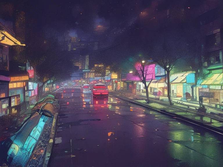 street at night，city night, busy wet street at night, street，Cars coming and going，Neon Street。