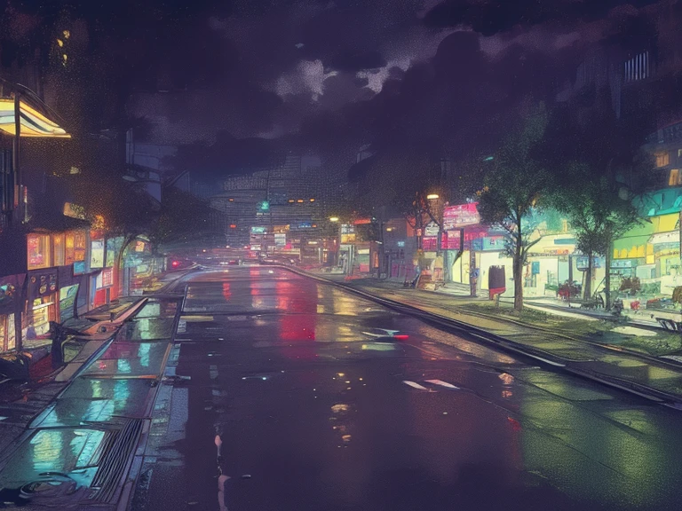 street at night,city night, busy wet street at night, street,Cars coming and going,Neon Street。